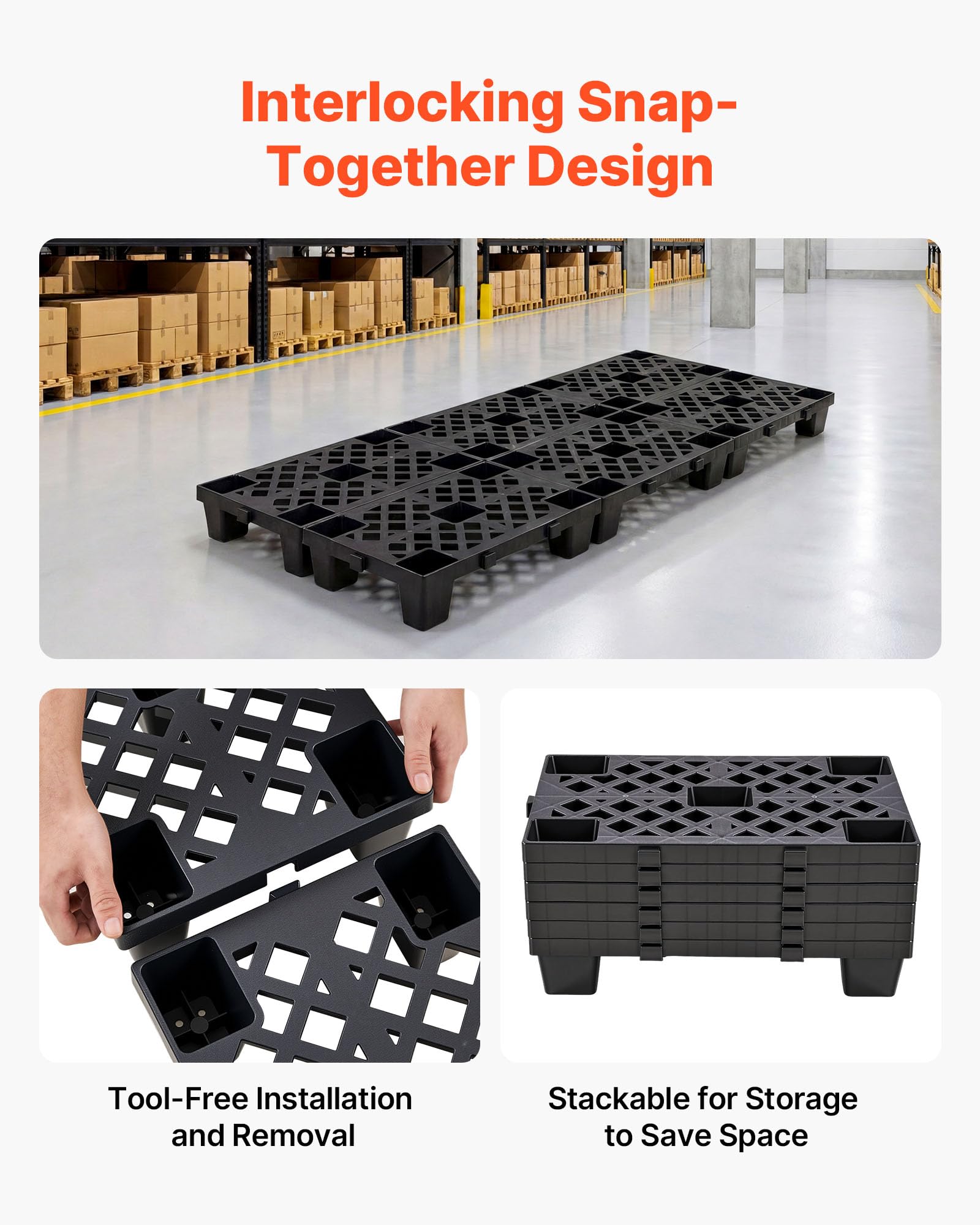 VEVOR Palettes en Plastique Emboîtables Lot de 6, Palettes de Sol Empilables, avec Grille Respirante et Pieds de Support, Résistantes à l'Humidité, pour Sous-Sol Garage Entrepôt, 500x305x100 mm, Noir