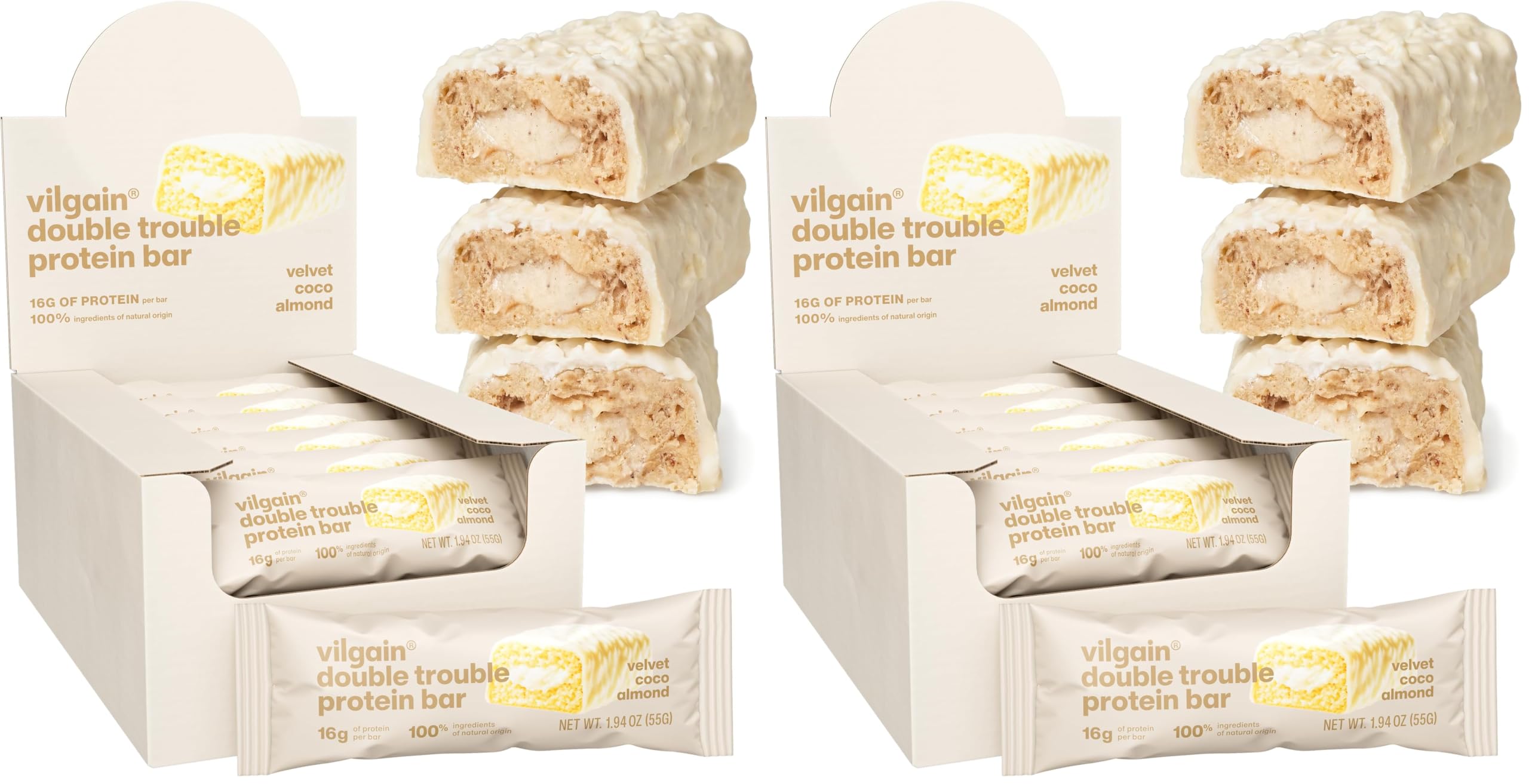 Vilgain Double Trouble Protein Bar (55 g) Velvet Coco Almond – 16 g Proteinriegel Ohne Zuckerzusatz, Ballaststoffreicher Fitness Snack Mit Mandeln & Kokos, Glutenfrei Mit Milchprotein Isolat