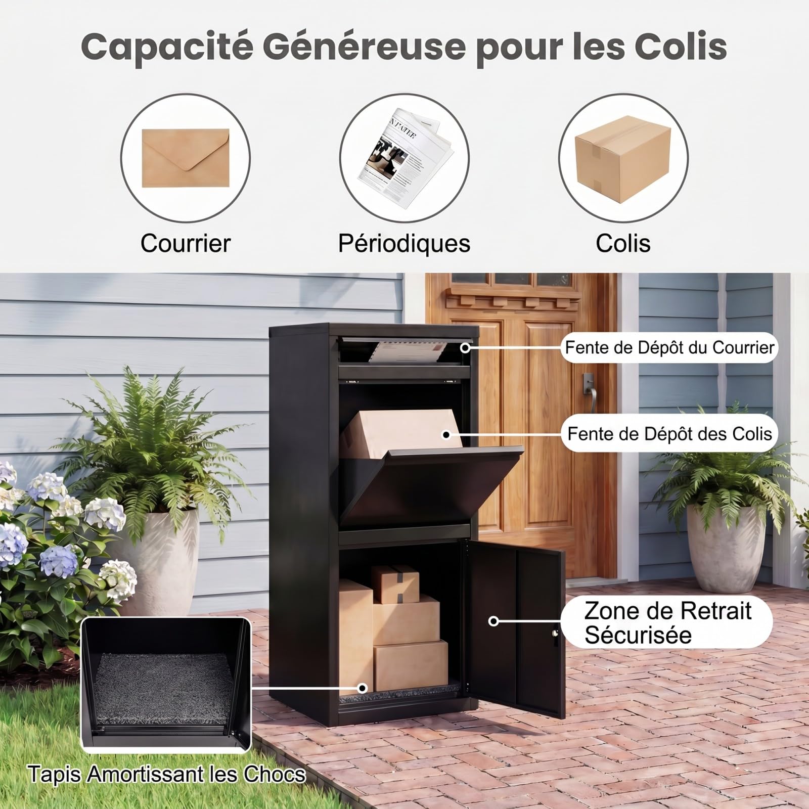 GYMAX Boîte à Colis Lettres 41 x 38 x 102 cm, Verrouillable Antivol, Coussin Amortisseur Intégré, Étanche en Métal Galvanisé, pour Exterieur, Maison, Porche, Bord de Route