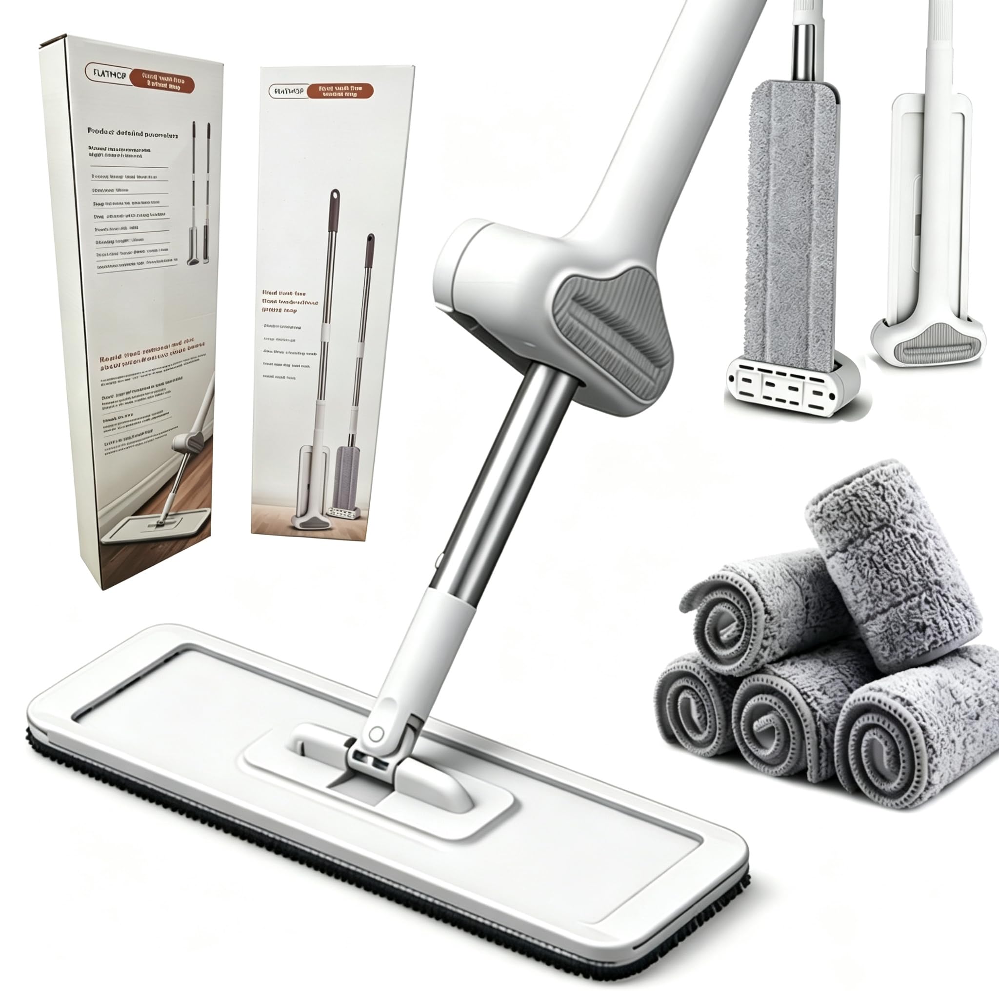360 Freisprecheinrichtung, selbstauswringend, Bodenreinigung, flacher Wischmopp, Mikrofaser mit 4 x waschbaren Pads, Handwäsche frei für Hartholz und Fenster, weiß