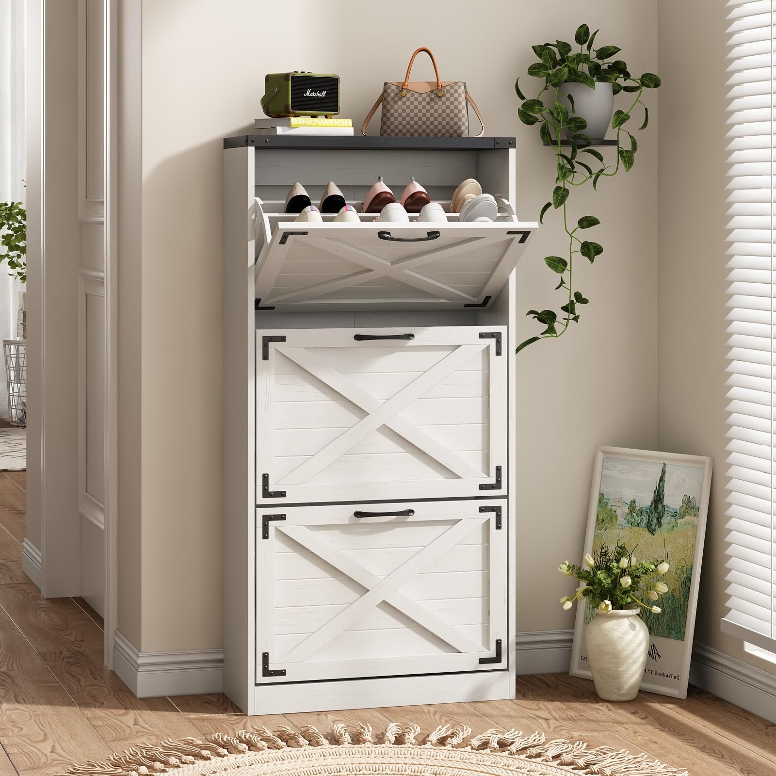 Maupvit 24" W Farmhouse Shoe Cabinet Storage for Entryway, Freestanding Organizer with 3 Flip Drawers, Narrow Shoe Rack Cabinet with Metal Corner Decoration, White