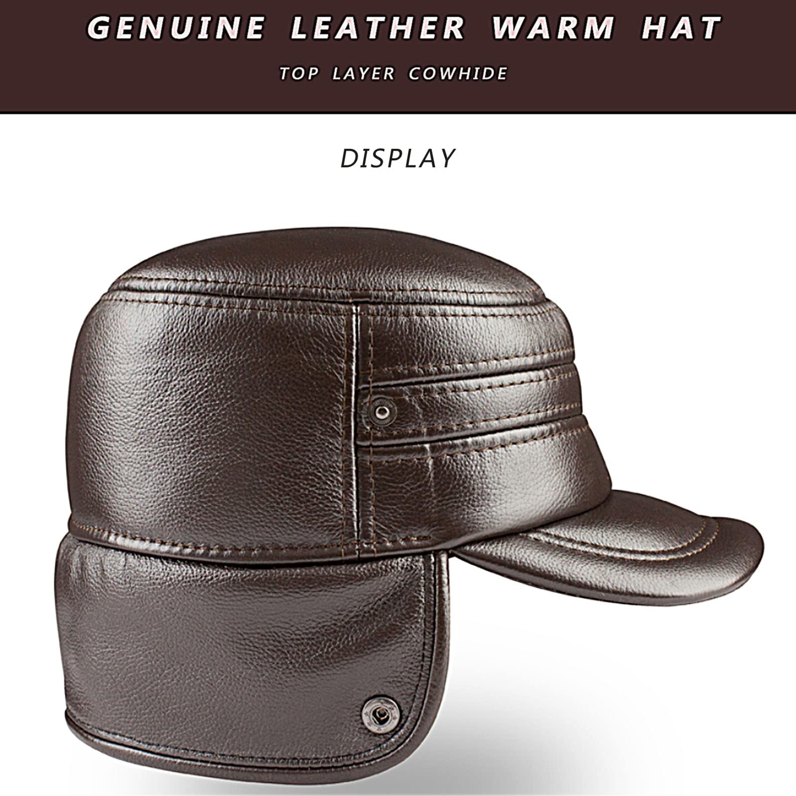 Cappello Invernale in Pelle con paraorecchie Aviatore cap Caccia Trapper Cappello Sci Neve Cappelli Impermeabile Invernale Cappello,Dark Brown,L(55~56cm)