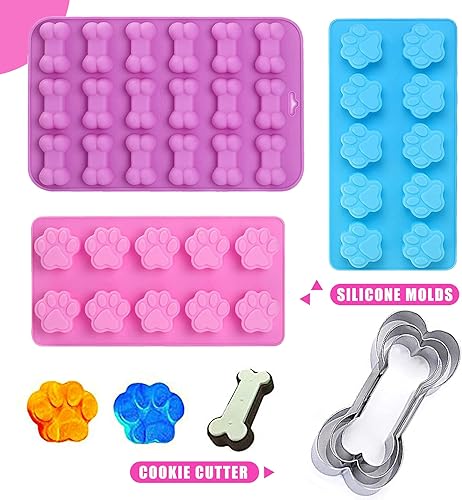 Miniatura 2 de Juego de 6, 3 paquetes de moldes de silicona para patas de cachorro y 3 paquetes de cortador de galletas de hueso de acero inoxidable, para