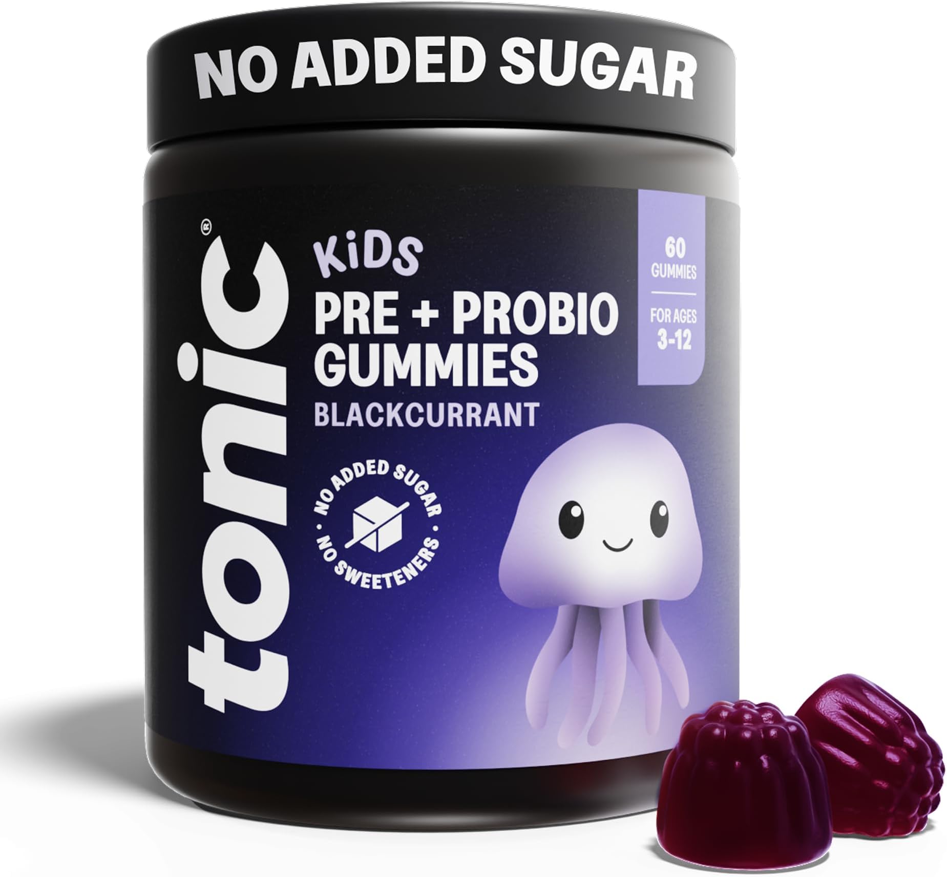 Tonic Health Kids Probiotic Gummies - 2 in 1 Prebiotics & Probiotics for Kids, No Added Sugar, Digestive System, Gut Health, Immune System, Ages 3-12, Vegan, Blackcurrant, Month Supply (60 Count)