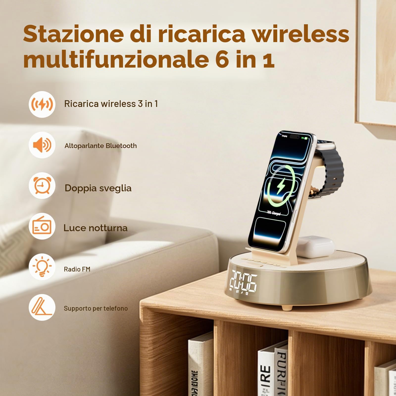 6 in 1 Caricatore Wireless per i-Phone e Sam-sung, Altoparlante Bluetooth | Radiosveglia, Stazione Ricarica per A pple Watch/Air-pods Wireless Charger con Luce Noctturna Regalo Uomo