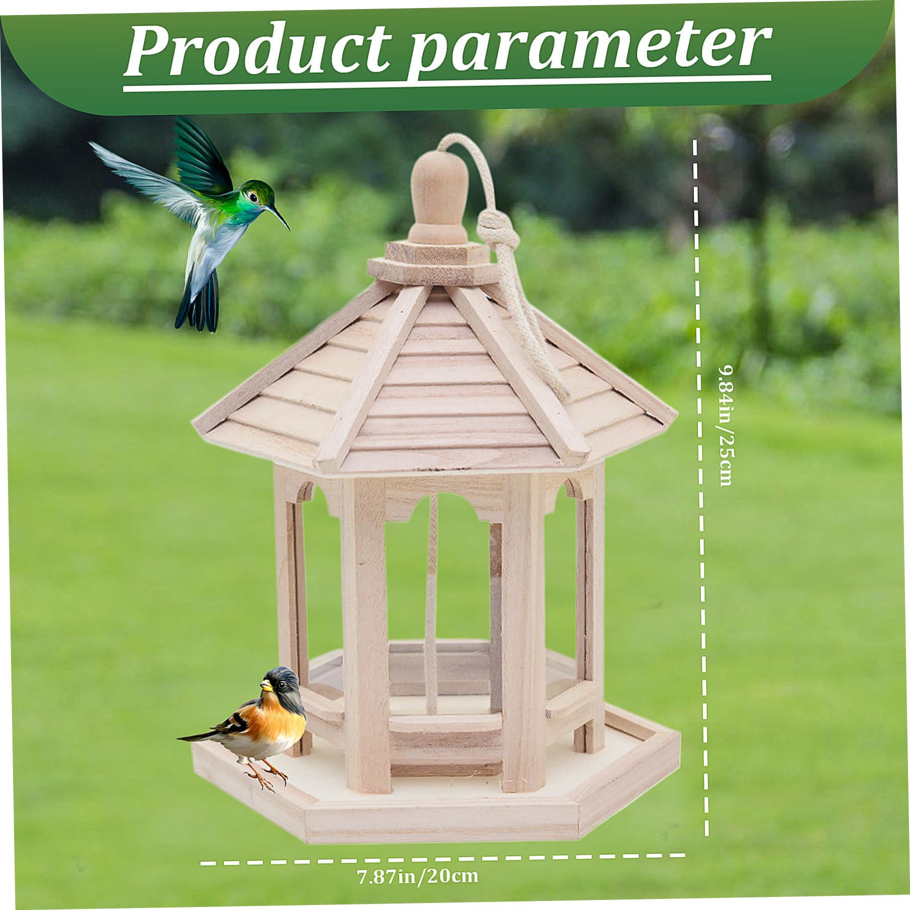 Comedero para pájaros de madera, mesa para pájaros colgante impermeable con techo extraíble, comedero para casa de jardín natural, mesa decorativa de madera para amantes y decoraciones de jardín