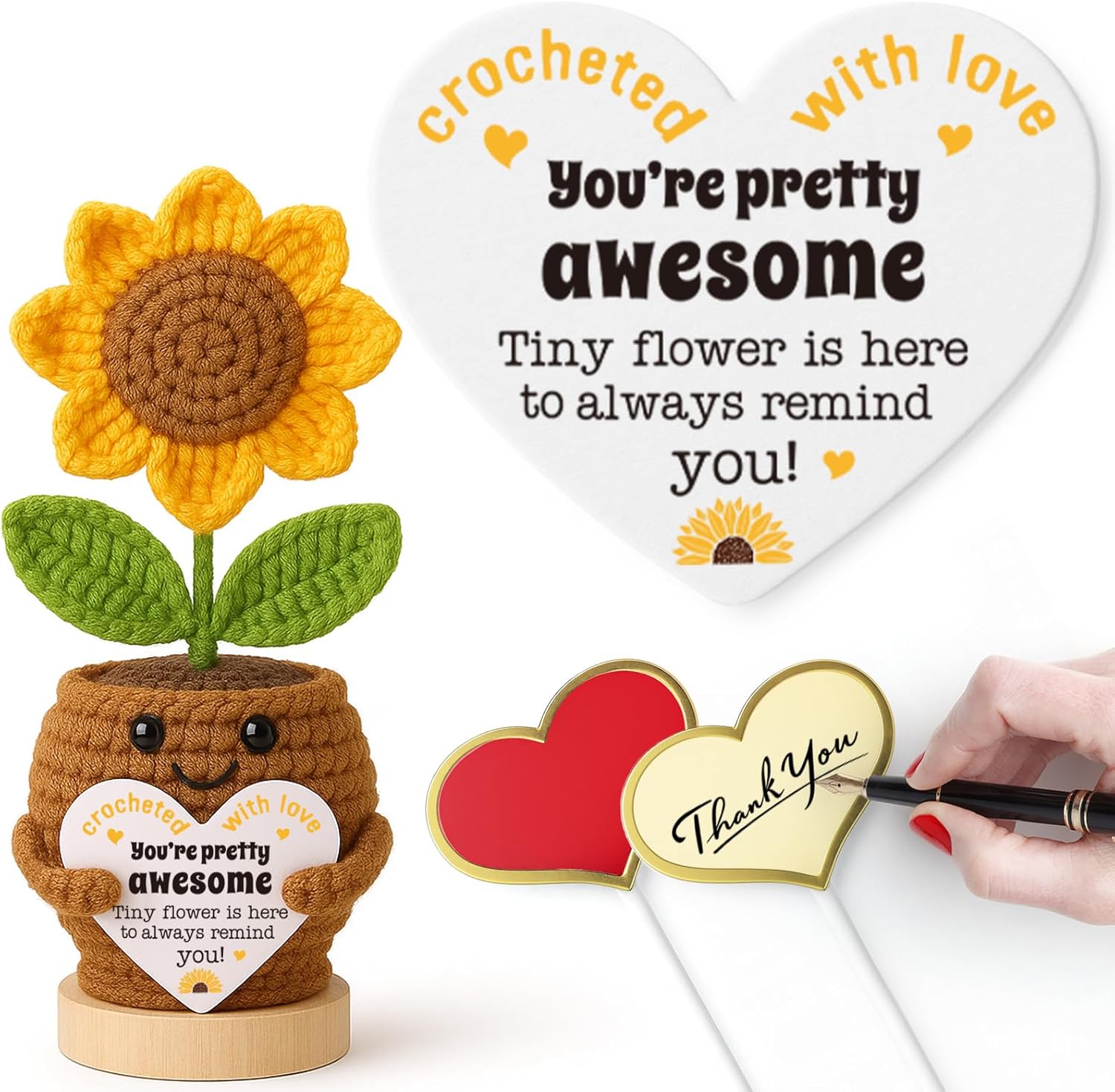 Inspirational Gifts for Women, Christmas Stocking Stuffer Birthday Gifts for Friends, Thank You Appreciation Gift for Employees, Female, Coworker, Sister, Crochet Sunflower White Elephant Xmas Present