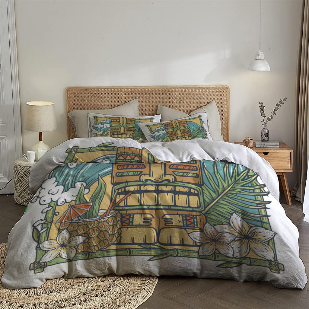 NIBAINLO 布団カバートライバルサーフィンハワイカクテルと波のプリント 肌に優しい ピーチスキン加工 掛け布団カバー 和式 洋式 あったか 布団カバーセット リバーシブル ホームステイ ホテル 家庭兼用