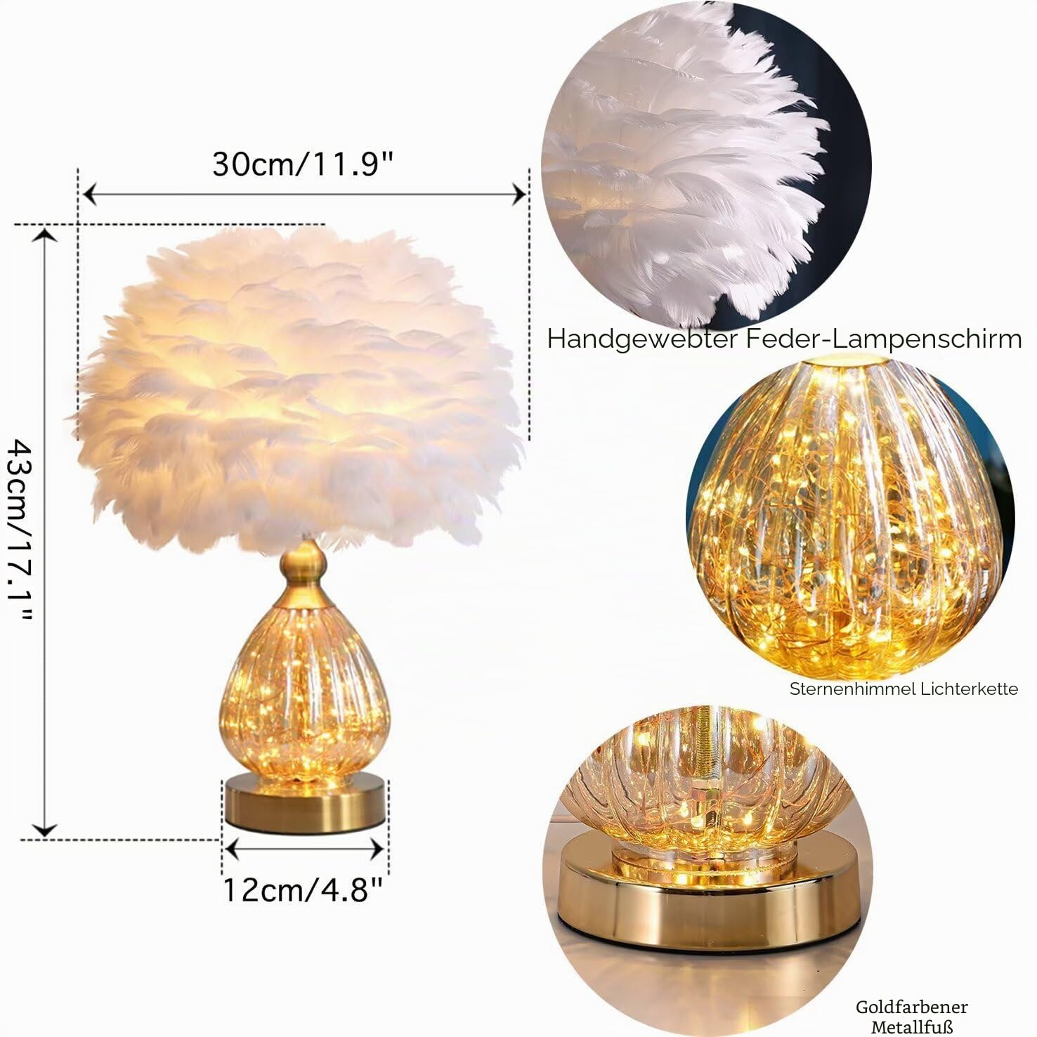 Tischlampe aus Kristallfedern mit Lichterkette Romantische Tischbeleuchtung aus Federn Luxus-Nachttischlampe mit Federlampenschirm für Wohnzimmer, Schlafzimmer