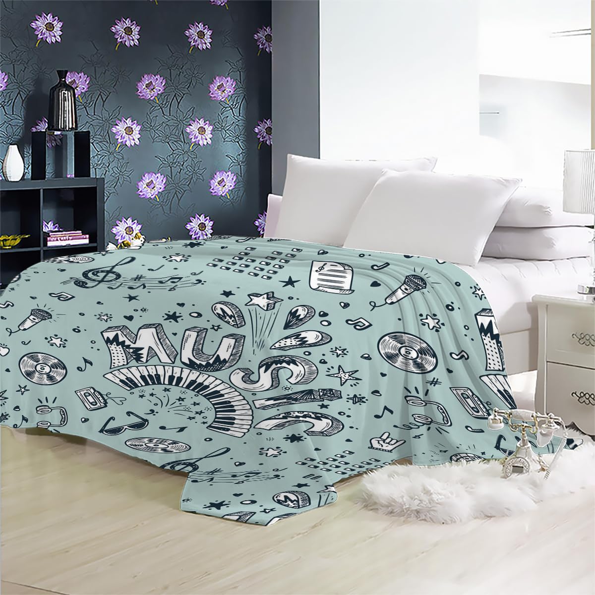 3D Couverture Musique 220x240cm Microfibre Flanelle Douce et Chaude Polaire Plaid Couverture Musiknote Blanket Lumière pour Lit Canapé La Chambre Coucher Voyages(Image 1-3)