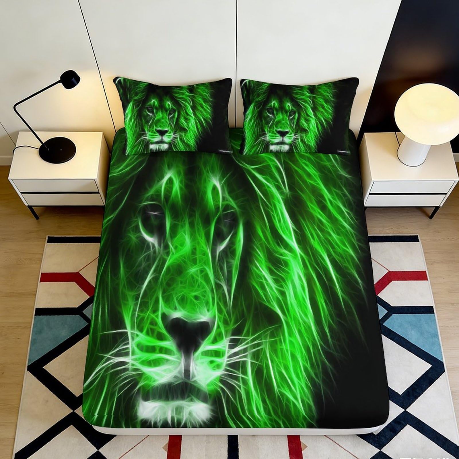 3D Printed Neon Green Lion Fitted Sheet Microfiber Soft Breathable Electric Lion Bed Cover for Bedroom Dormitory Guest Room Mattress Protection Decor 200x200x25cm