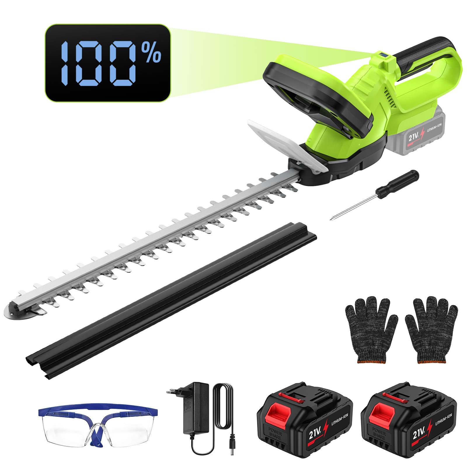 Cortasetos a Batería Potente 500W, Pantalla LCD, 2 Baterías 3.0Ah, Cortasetos Eléctrico Inalámbrico Motor Brushless, Hoja 55cm (Ramas hasta 15mm), Podadora para Jardín con Doble Seguridad