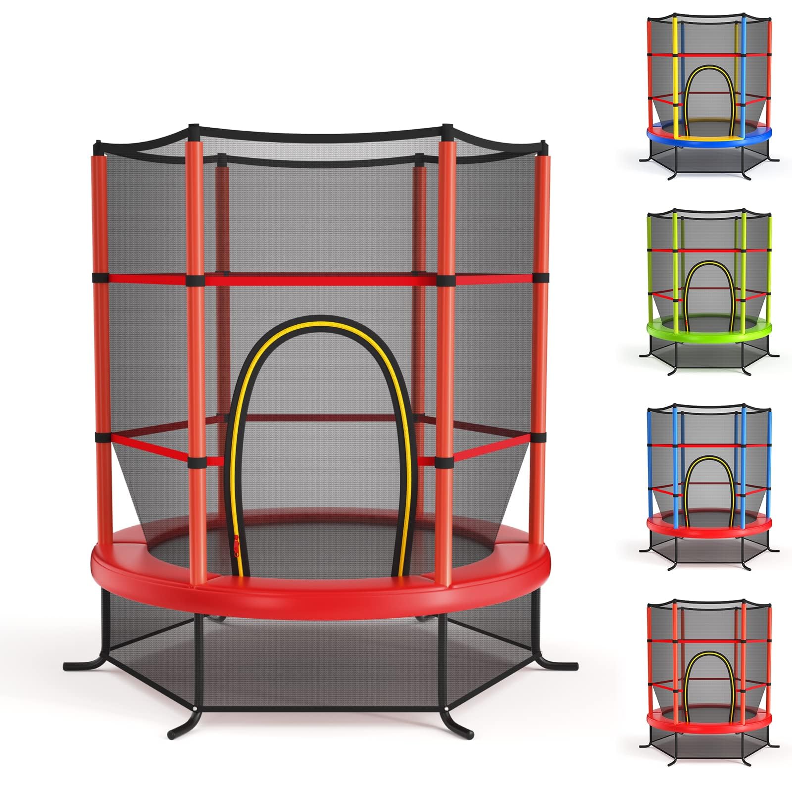 GYMAX Trampolino da Esterno per Bambini, Tappeto Elastico da Giardino, con Rete Protettiva, Telaio in Acciaio, Resistente alle Intemperie, per Interno, Esterno, Portata 135 kg