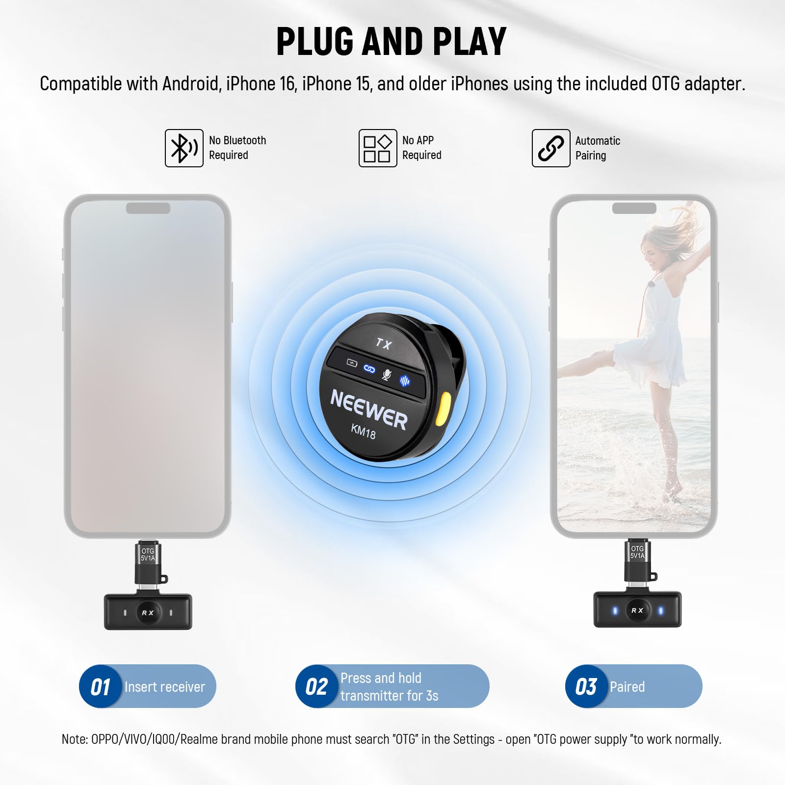 NEEWER Micrófono Lavalier Inalámbrico para USB C con Estuche Carga,Compatible con iPhone/Android/PC/Laptop,Mini Micrófono Solapa 48KHz/24Bit,Cancelar Ruido Batería 24H para Grabación Vlog Vivo, KM18