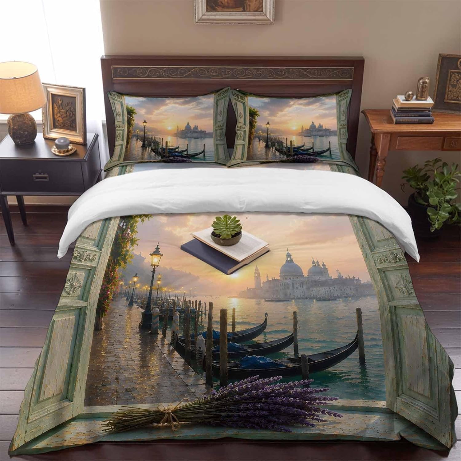 Travel Cityscape Twin Size 4 Piece Duvet Cover Set, Open Window Sunset Europe Canal Scenic Rustic Comfort Bedding Set Include 1 Duvet Cover,1 Bed Sheet, 2 Pillowcase with Zipper for All Season