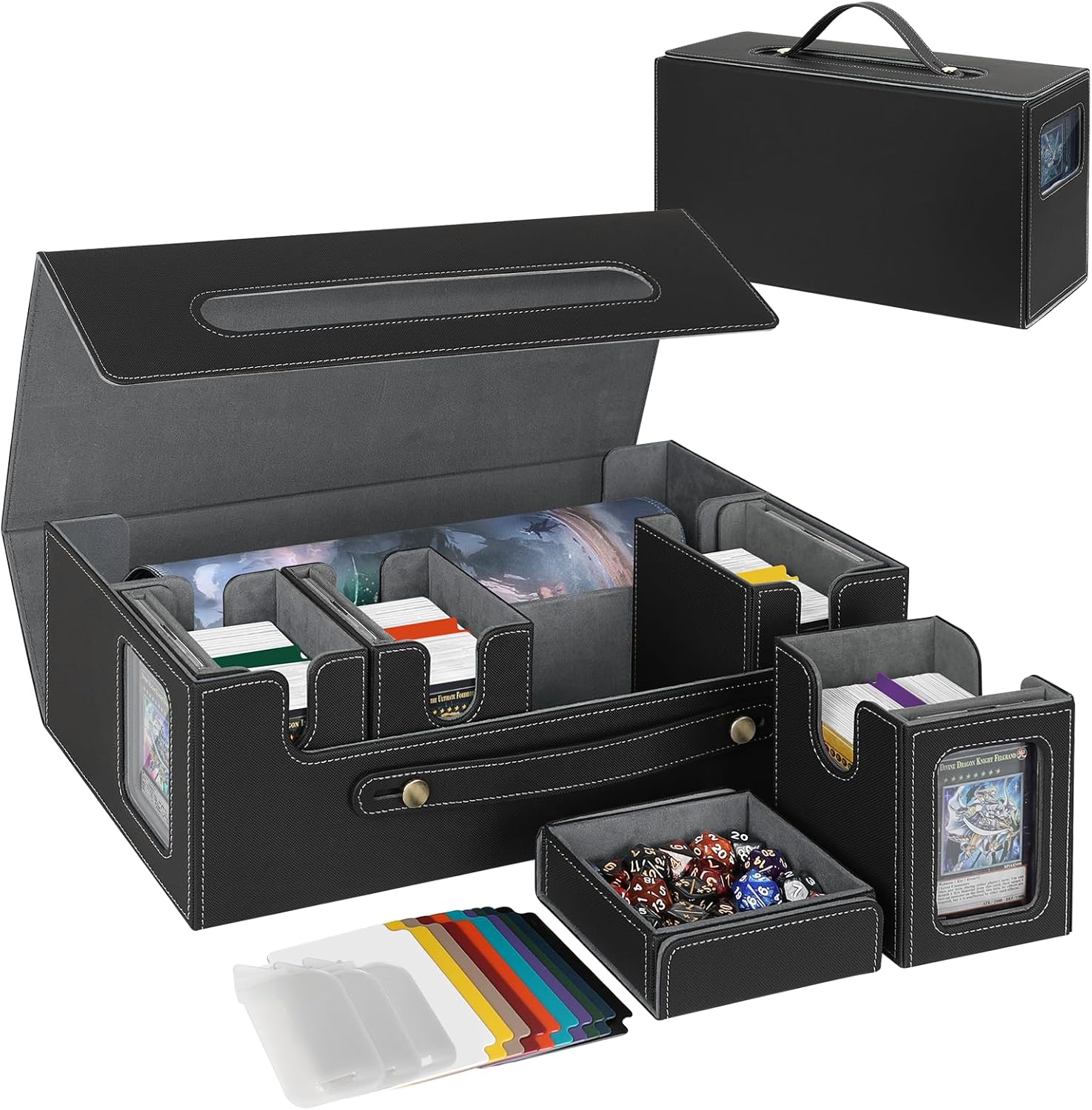 MTG Commander Deck Box 6-in-1, Large Trading Card Storage Case with 4 Removable Card Deck Boxes, Display Windows, Dice Box & Playmat Compartment, Holds 2000+ Unsleeved Cards, Black Gray