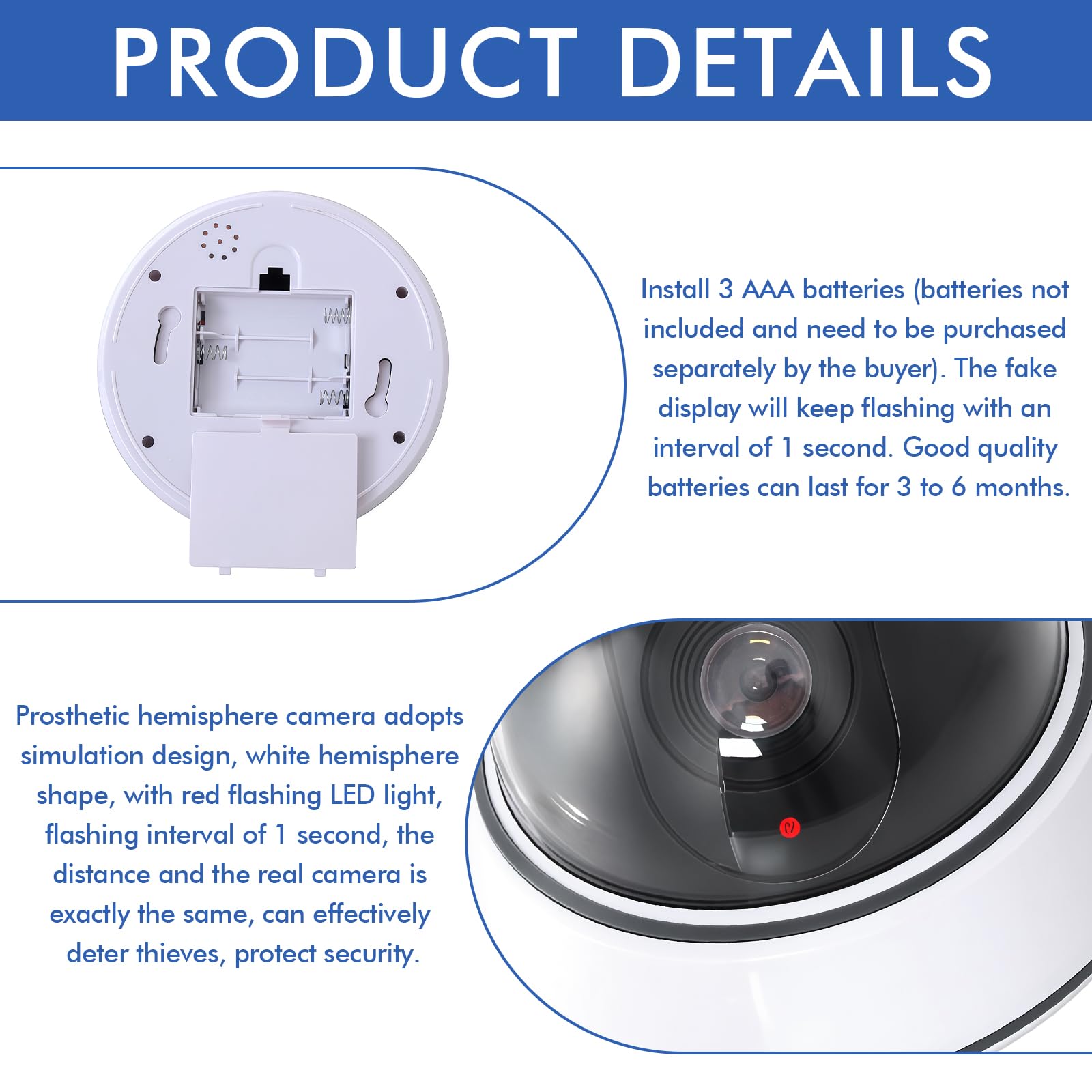 Caméra factice dôme avec lumière LED clignotante : Lot de 3 caméras factices pour l'intérieur et l'extérieur, caméra de surveillance factice avec matériel de montage – Solution de sécurité