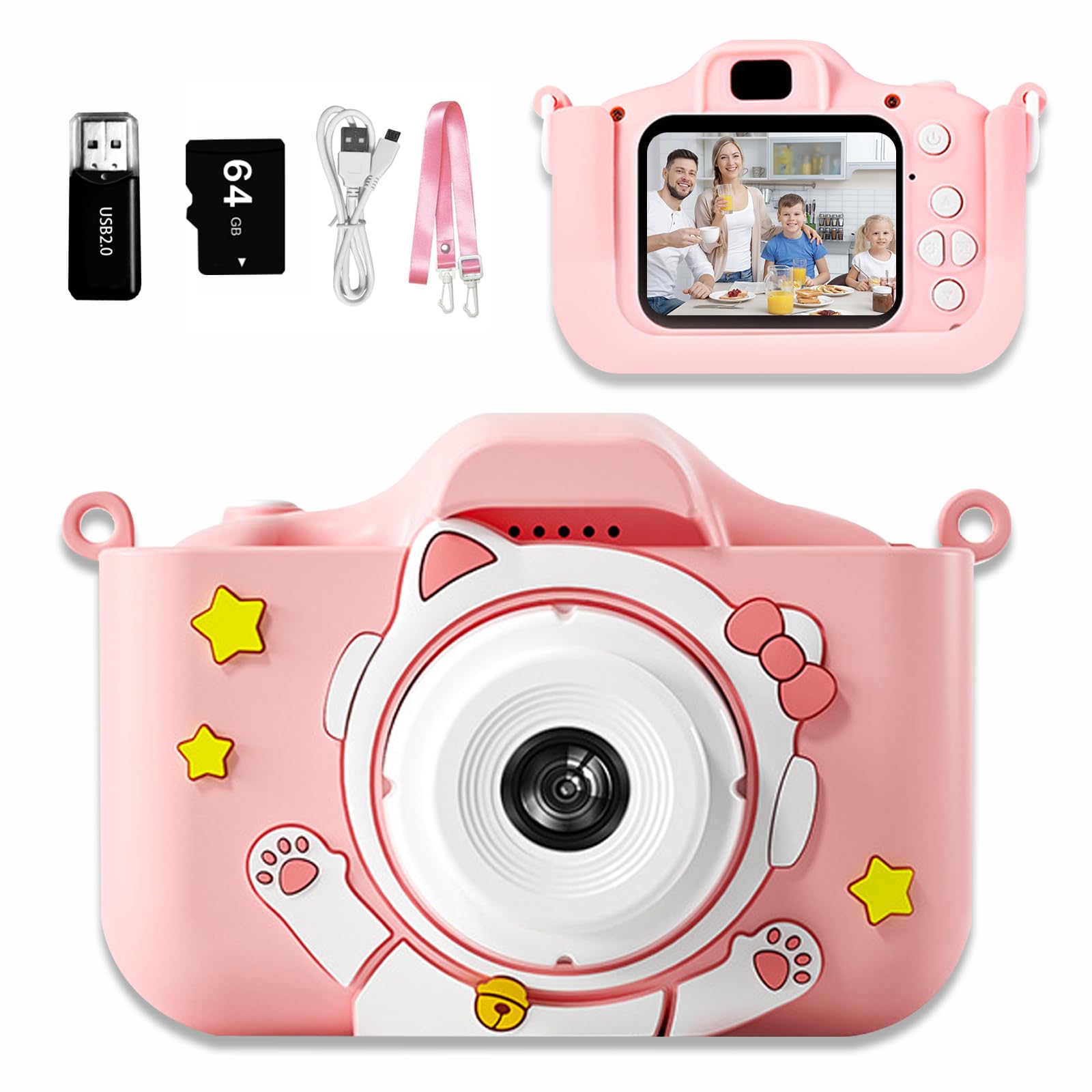 Upgrade Camera Kids Camera Toy, Children Selfie Camera with Cute Cat Cartoon Silicone Cover, Toddler Digital Video Cameras for 3-12 Year Old Boys Girls, Christmas Birthday Gifts, 64GB Card (Pink)
