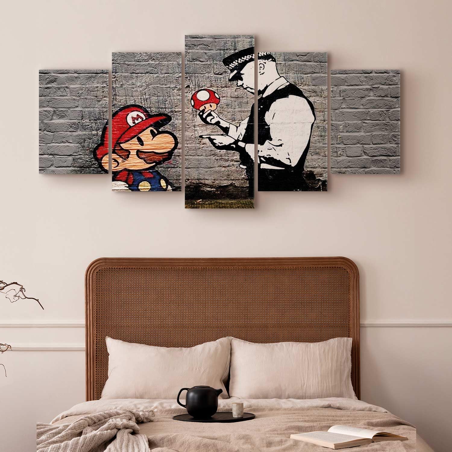 Cuadros B&D XXL - Quadro Moderno Banksy Collage 200x100 cm 5 Pezzi - Stampa su Tela Grande - Quadri Moderni Componibili Camera da Letto Matrimoniale - Stampe da Parete Arte - Poliziotto i-B-0040-b-m