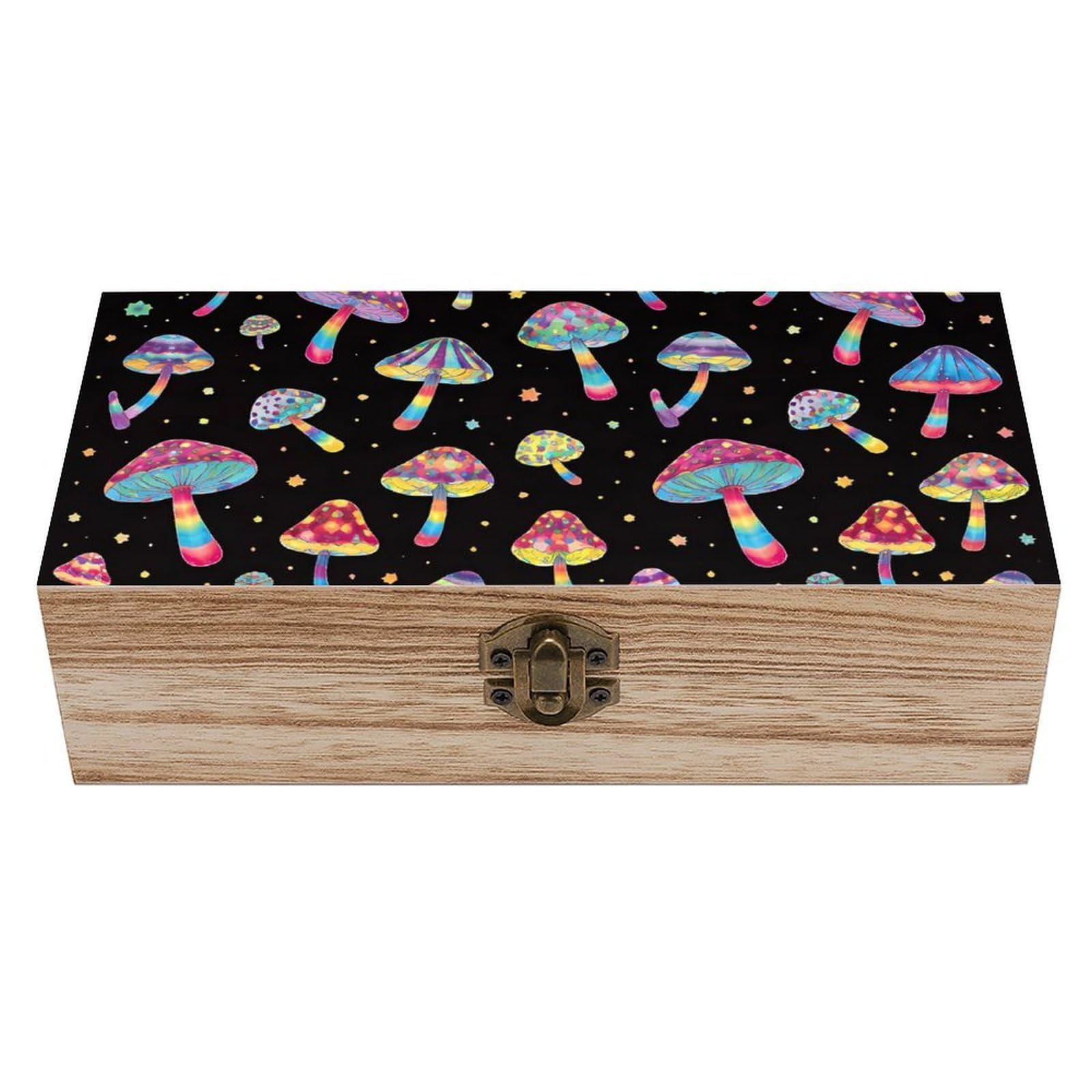 SMAZDFXX Neon Mushrooms Pattern Wooden Storage Box With Hinged Lid Decorative Front Clasp Keepsake Boxes