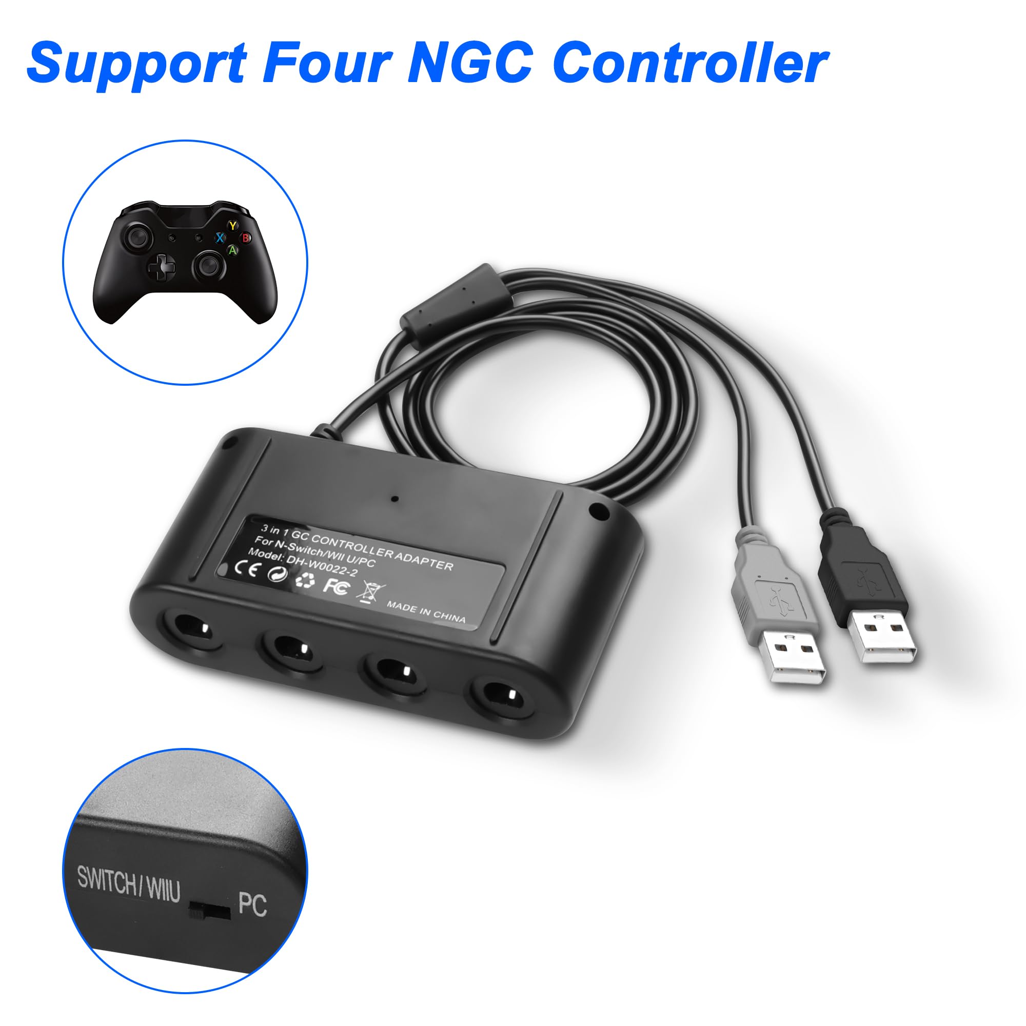 MEIRIYFA Adattatore controller per GC, compatibile con Switch Super Smash Bros NGC Adattatore per WII U/PC USB & Switch con 4 porte/Turbo e caratteristiche di vibrazione