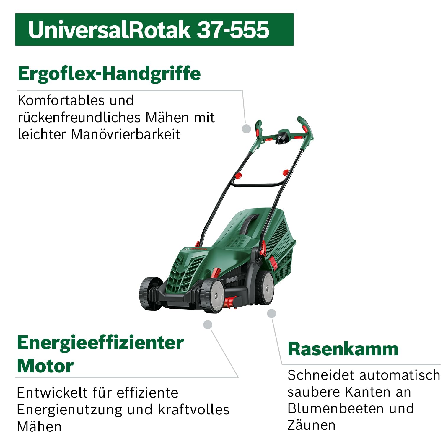 Bosch kabelgebundener Rasenmäher UniversalRotak 37-555 (1400-W-Motor, Schnittbreite: 37 cm, 40-Liter-Grasfangkorb, Ergoflex-Handgriffe)
