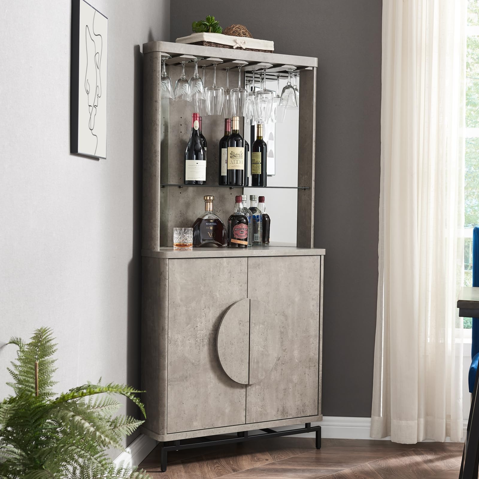 Home Source 68" Liquor Cabinet with Half Moon Handles and Metal Base, Ideal for Bars & Wine Cabinets and Kitchen Storage Cabinets, Wine Bar Cabinet with Storage for Kitchen,Dining Room,Concrete