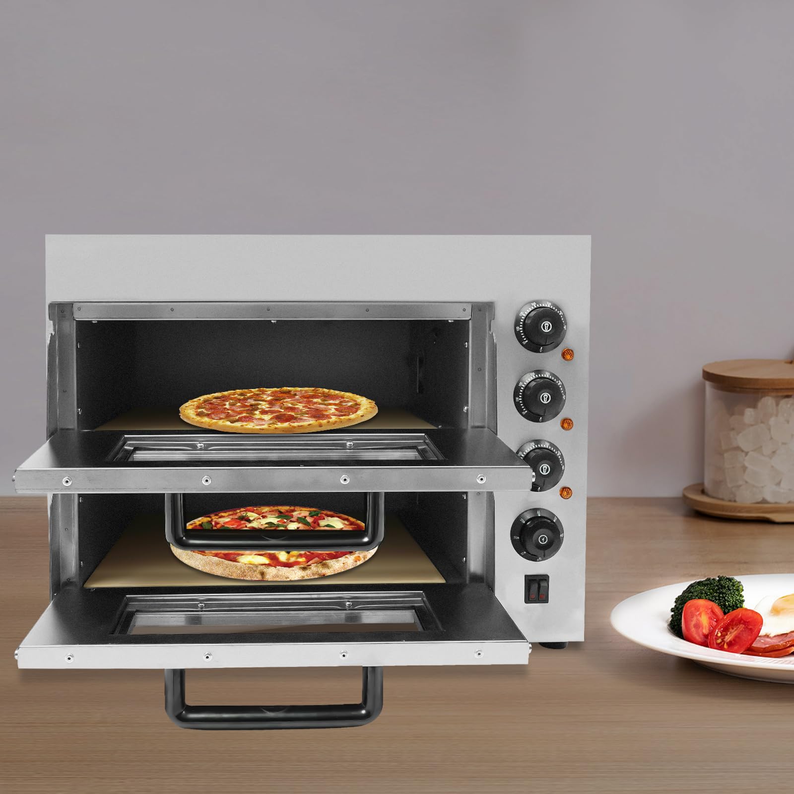 Forno per pizza professionale doppio, 3000 W, forno elettrico in pietra Gastro con guanti, per pizza, pane e prodotti da forno, temperatura fino a 350 °C, intervallo di tempo 1-60 minuti, 57 x 47,5 x