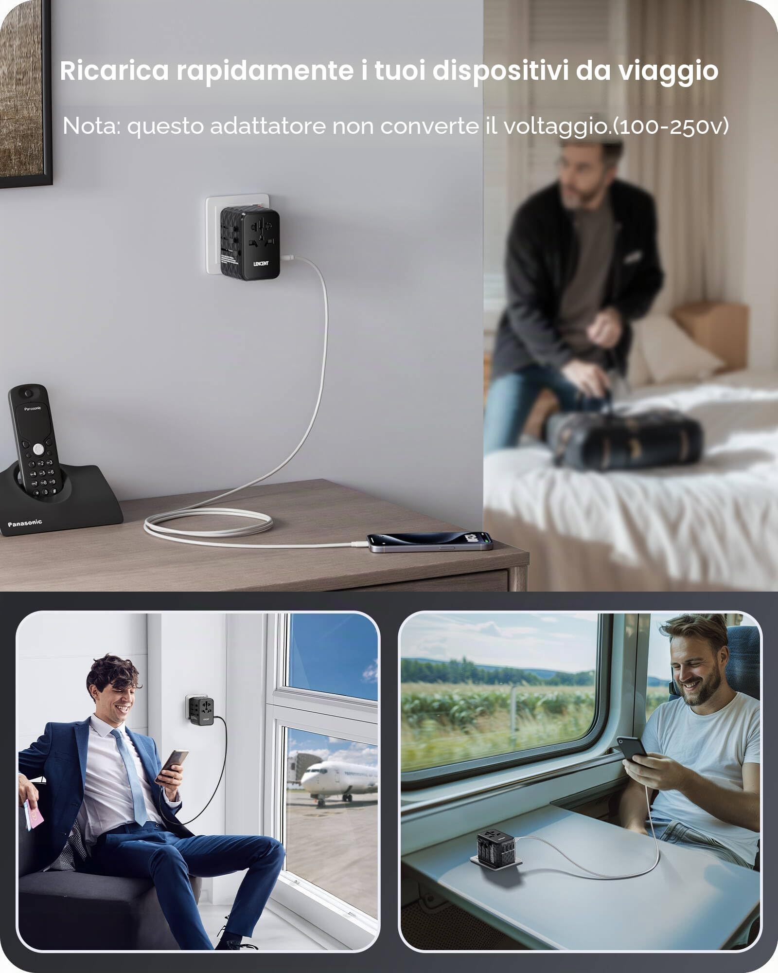 LENCENT 65W Adattatore Universale da Viaggio, Adattatore Presa con 2 USB-A | e 3 USB-C, Caricatore Alimentazione Rapida per Telefono Cellulare, Laptop, Spina Internazionale per UK, EU, AUS, USA -Bianco