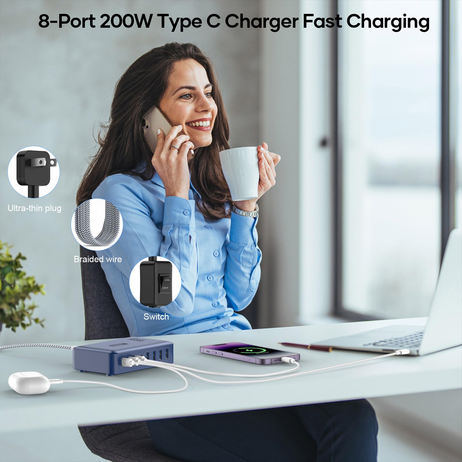Bloque de cargador rápido USB C de 8 puertos de 200 W con enchufe plano, cable de alimentación trenzado e interruptor de encendido/apagado - Hub de carga USB para iPhone, iPad, MacBook y más,