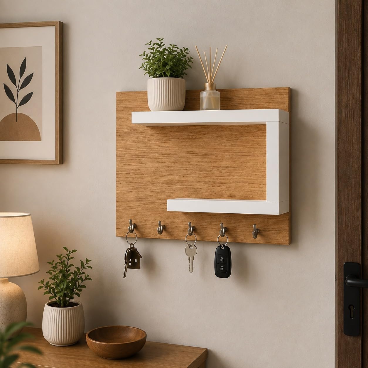 Lunaro Wall Key Organiser, Engineered Wood, Wall-Mounted, for Entryway, with 5 Metal Key Hooks, 35x1.5x30 cm-image-18