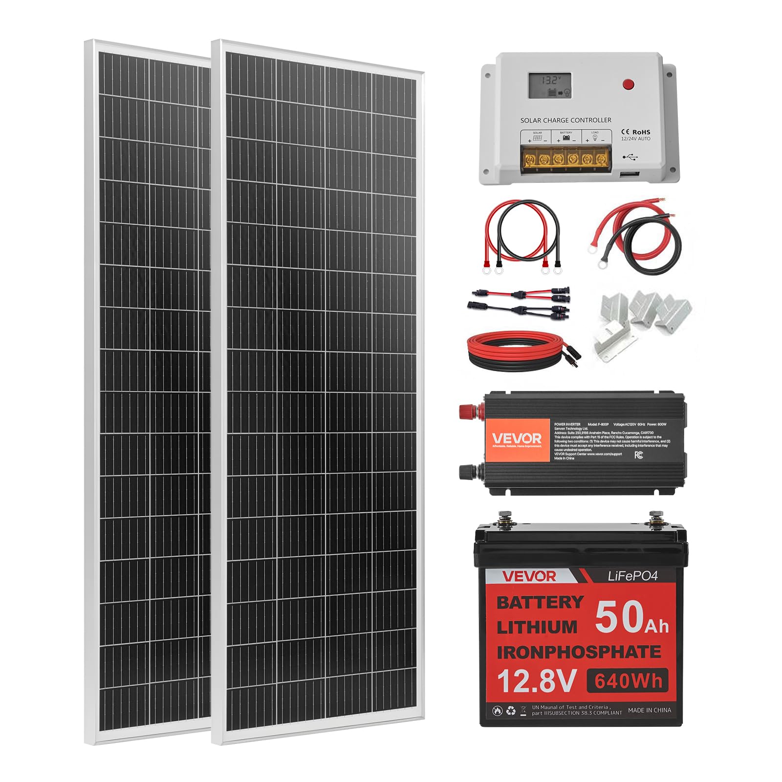 VEVOR Kit Solare Off-Grid 200 W 12 V 2 Pannelli Monocristallini da 100 W, Kit Solare Completo con Batteria LiFePO₄ 12,8 V 50 Ah, Regolatore 40 A, Inverter da 800 W, per Camper, Casa e Barca Off-Grid