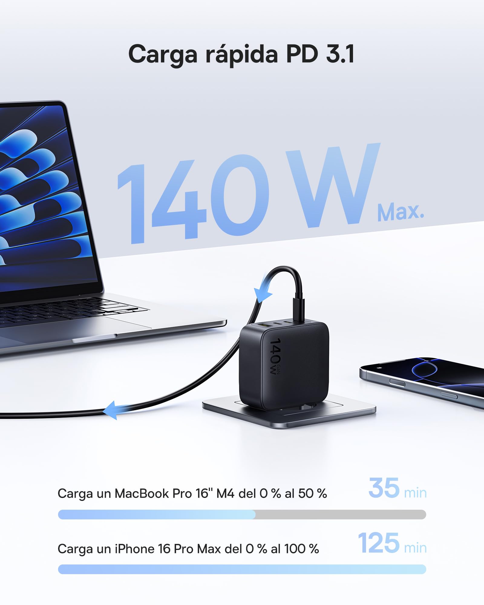 Baseus Enerfill Cargador USB C 140W, 4 Puertos USB C, PD con PPS, GAN Cargador Rápido Compatible con MacBook Pro/Air, iPad Pro, iPhone 17/16/15/14/13 Seire, Galaxy S25/24, Pixel 9 8, Steam Deck