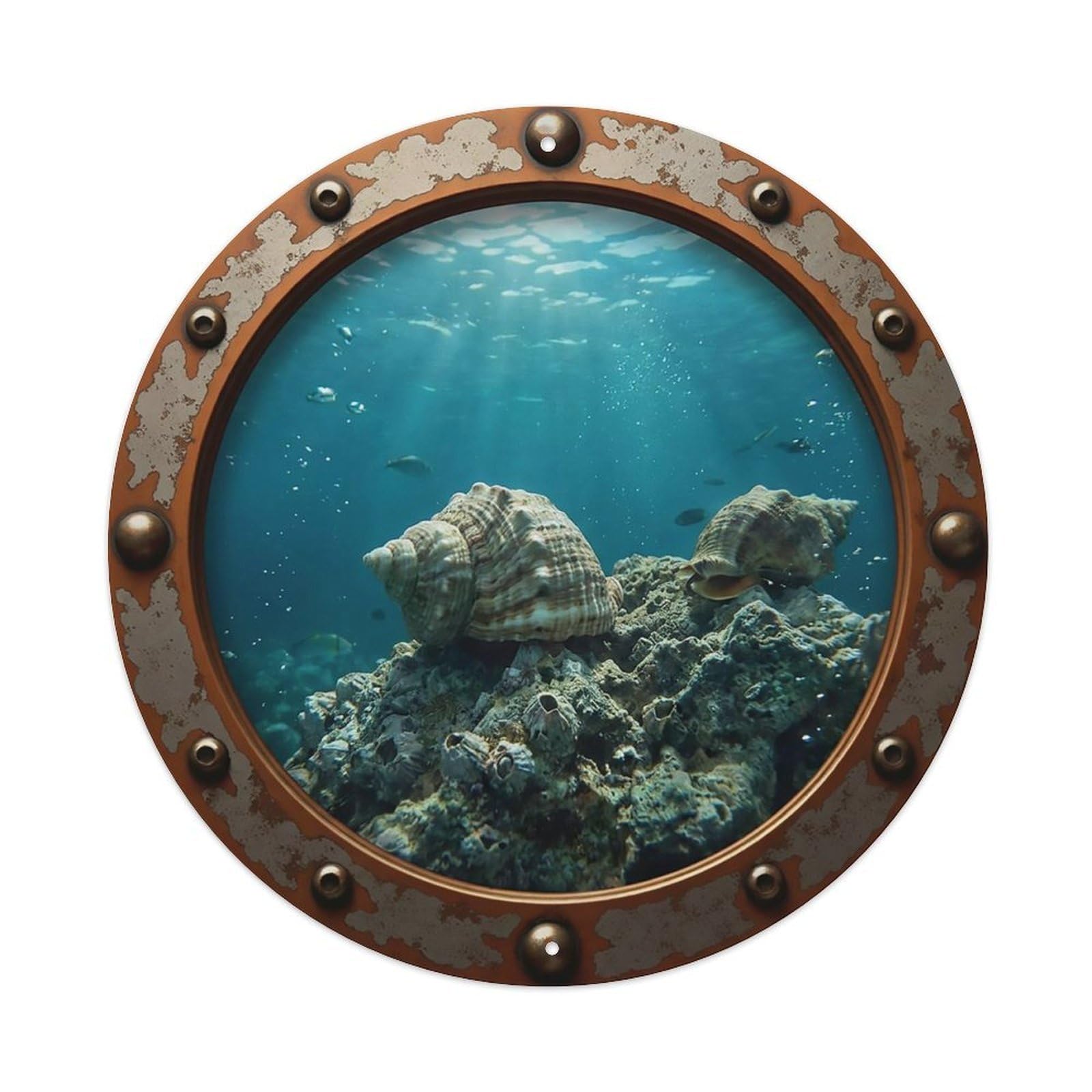 Odgynaw 8X8inch(20X20cm) Vintage Porthole Turban Shell Nautical Window View Metal Tin Sign