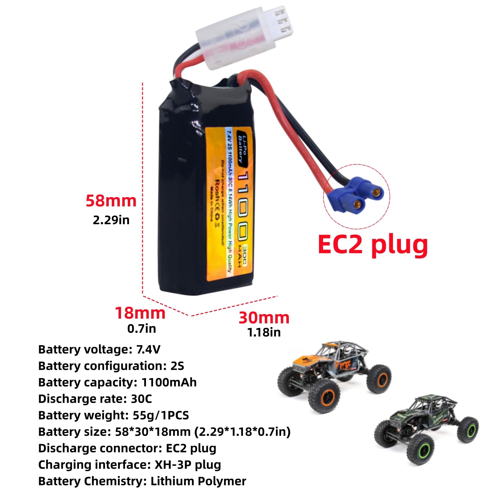 2PCS 7.4V 1100mAh 2S Lipo Akku mit EC2 Stecker und 2-in-1 Ladegerät für UTB18 Allradantrieb Off-Road Hochleistungskletterfahrzeug RC Fernbedienung Fahrzeug