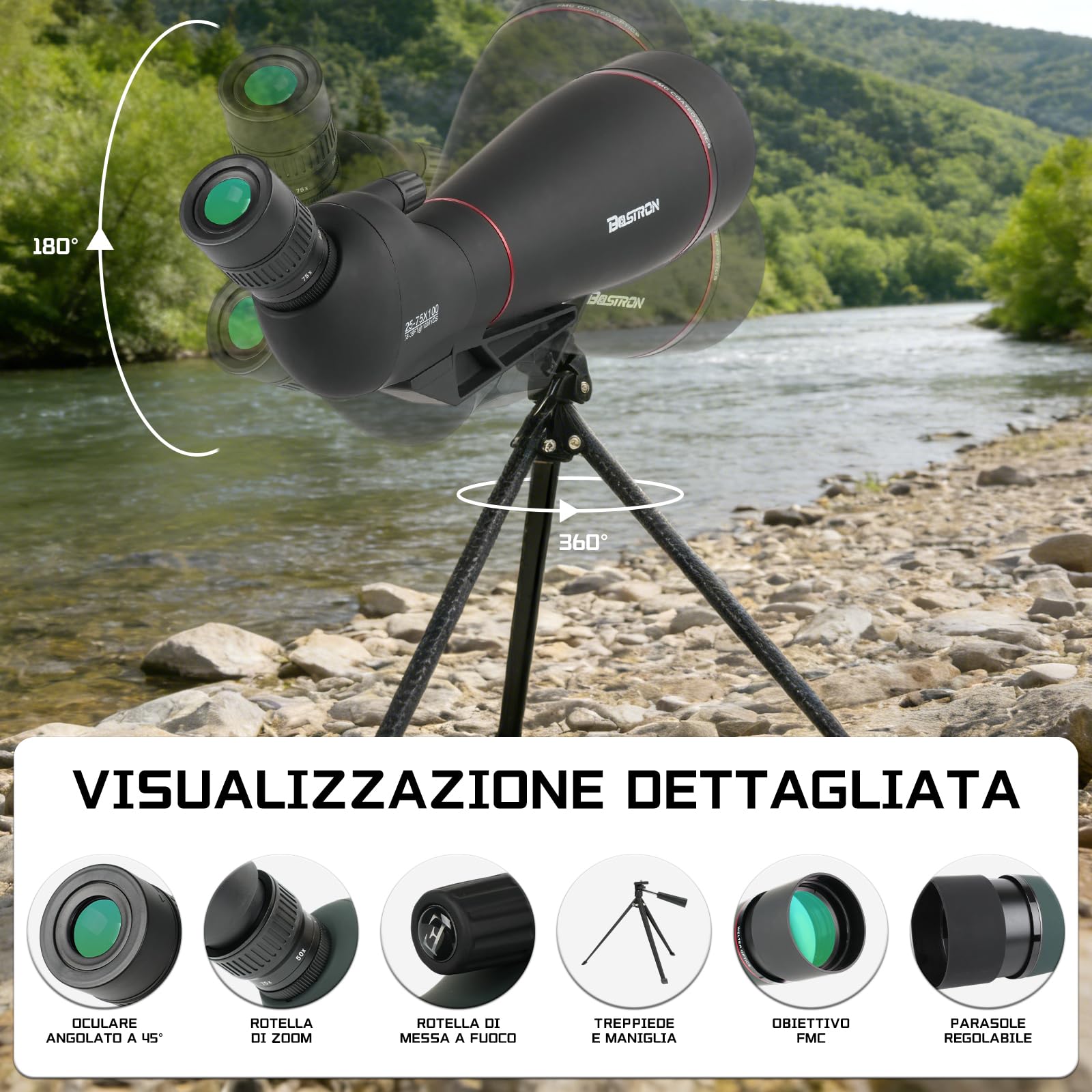 25-75x100mm Cannocchiale con Treppiede,HD FMC Impermeabile,Cannocchiale Terrestre con Adattatore Telefono Borsa, per Tiro a Segno Tiro, con l'arco Birdwatching