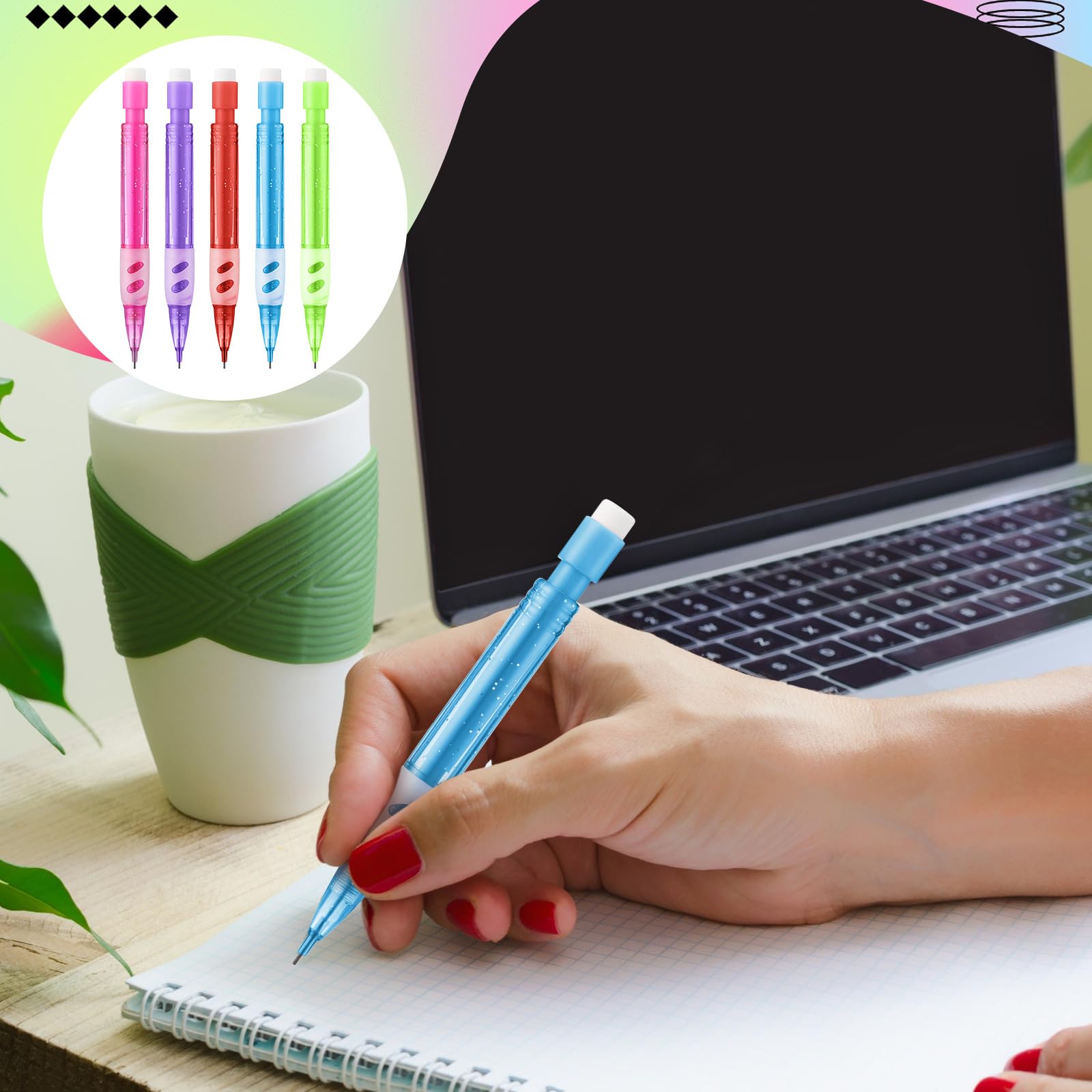 Fuyoooo 100 mini lápices mecánicos automáticos con gomas de borrar de 0,7 mm, pequeño portaminas para escribir, dibujar, bocetos, hogar, oficina, suministros escolares