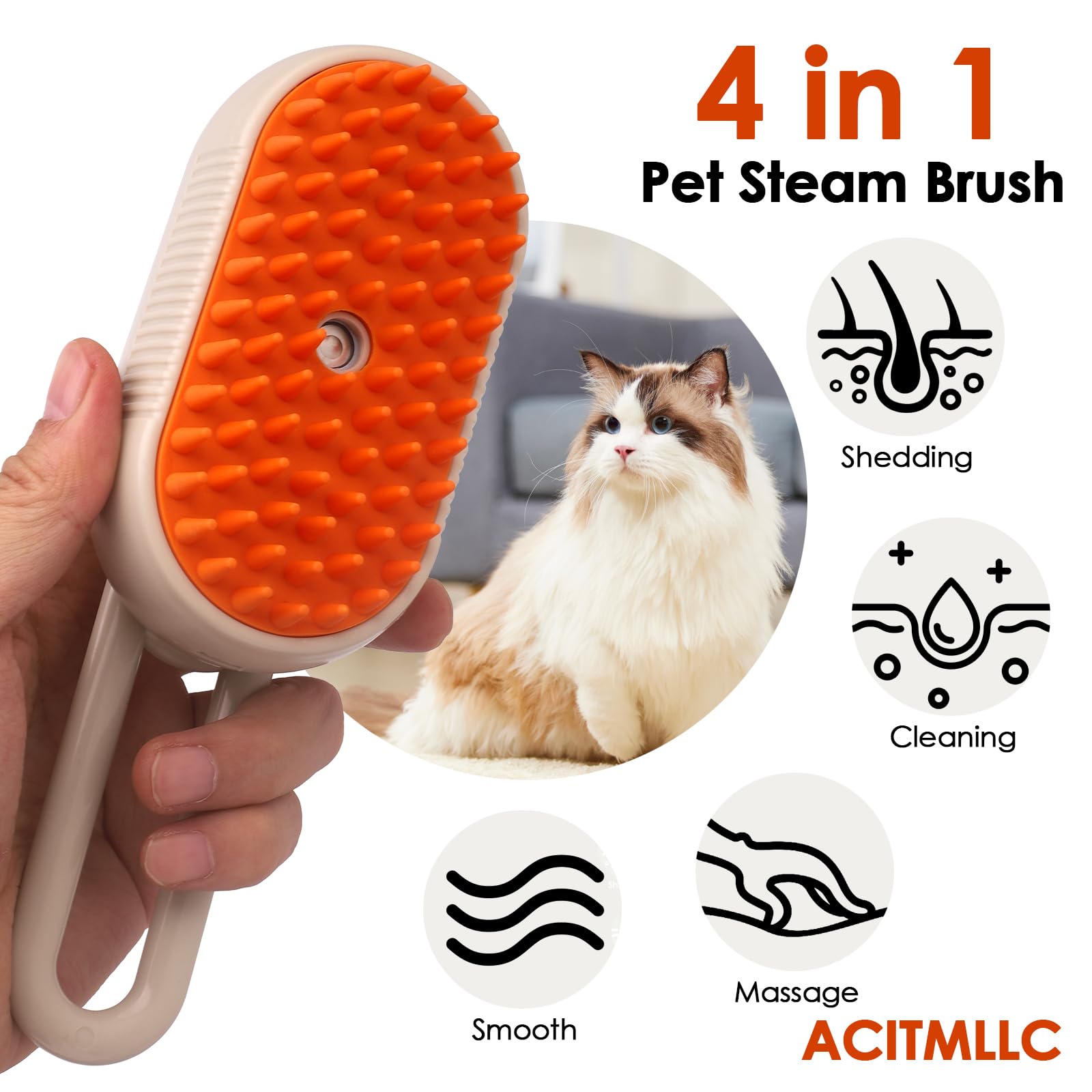 Spazzola a vapore 3 in 1 per gatti, per spargimento, pulizia e massaggio, ricaricabile tramite USB, pettine per la rimozione dei peli per gatti e cani a pelo lungo e corto (bianco)