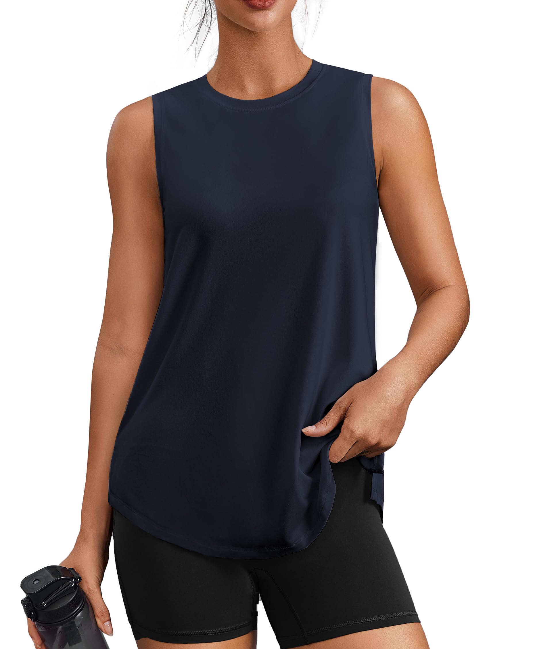 PINSPARK Workout Tops for Women Sleeveless Athletic Tank Tops UPF 50 Running Tanks with Side Slits Loose Fit