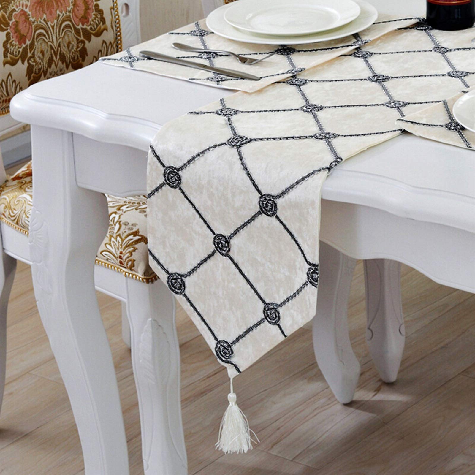 Tavolo Runner Lino Cotone, Runner Natalizio Beige Bianco Moderno Rombo Semplice Floreale Runner Da Tavola Vintage, 28x270CM