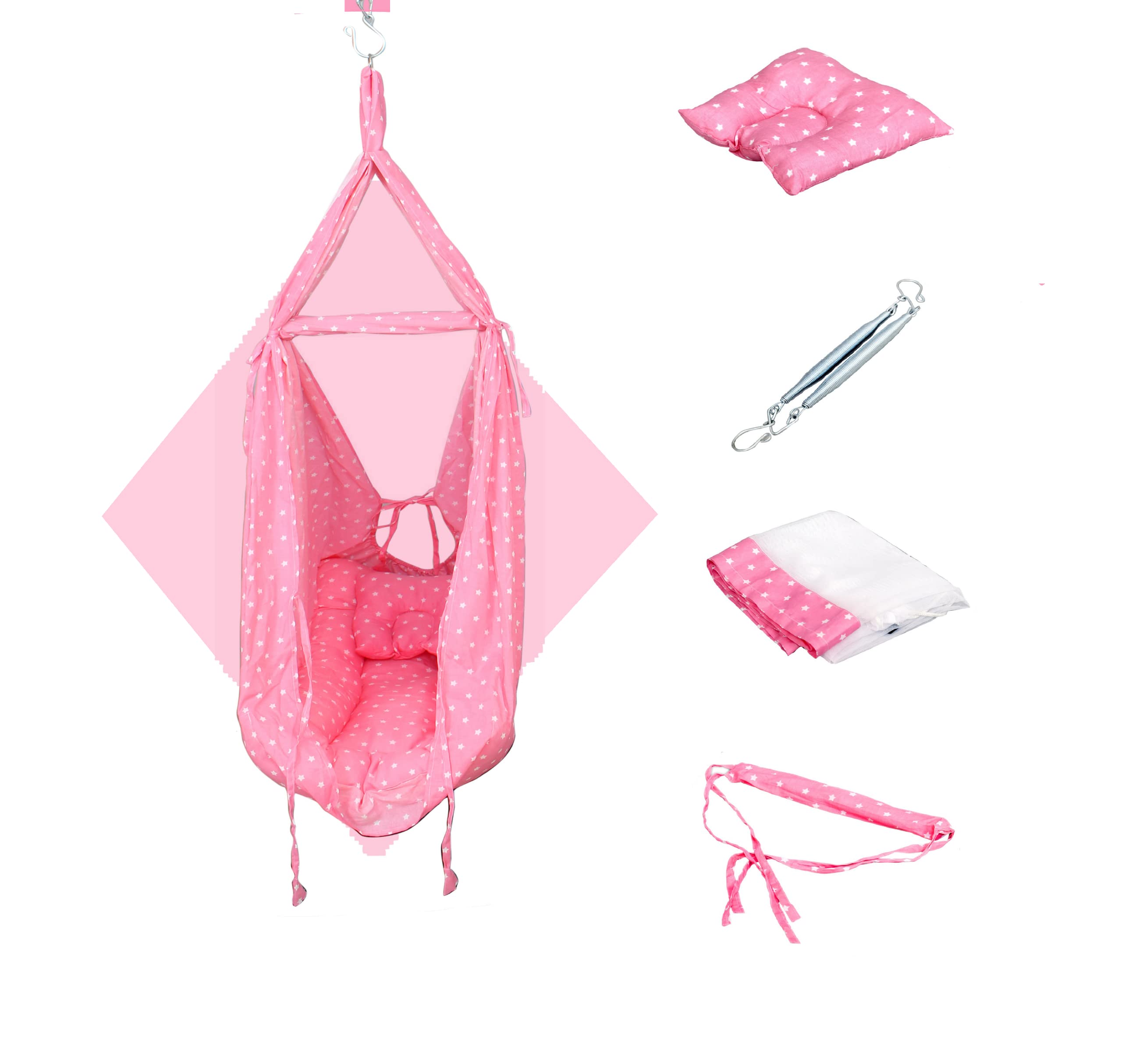 SafeChampSafeChamp Roxy Baby Swing Cradle with Mosquito Net, Pillow and Spring (Pink)