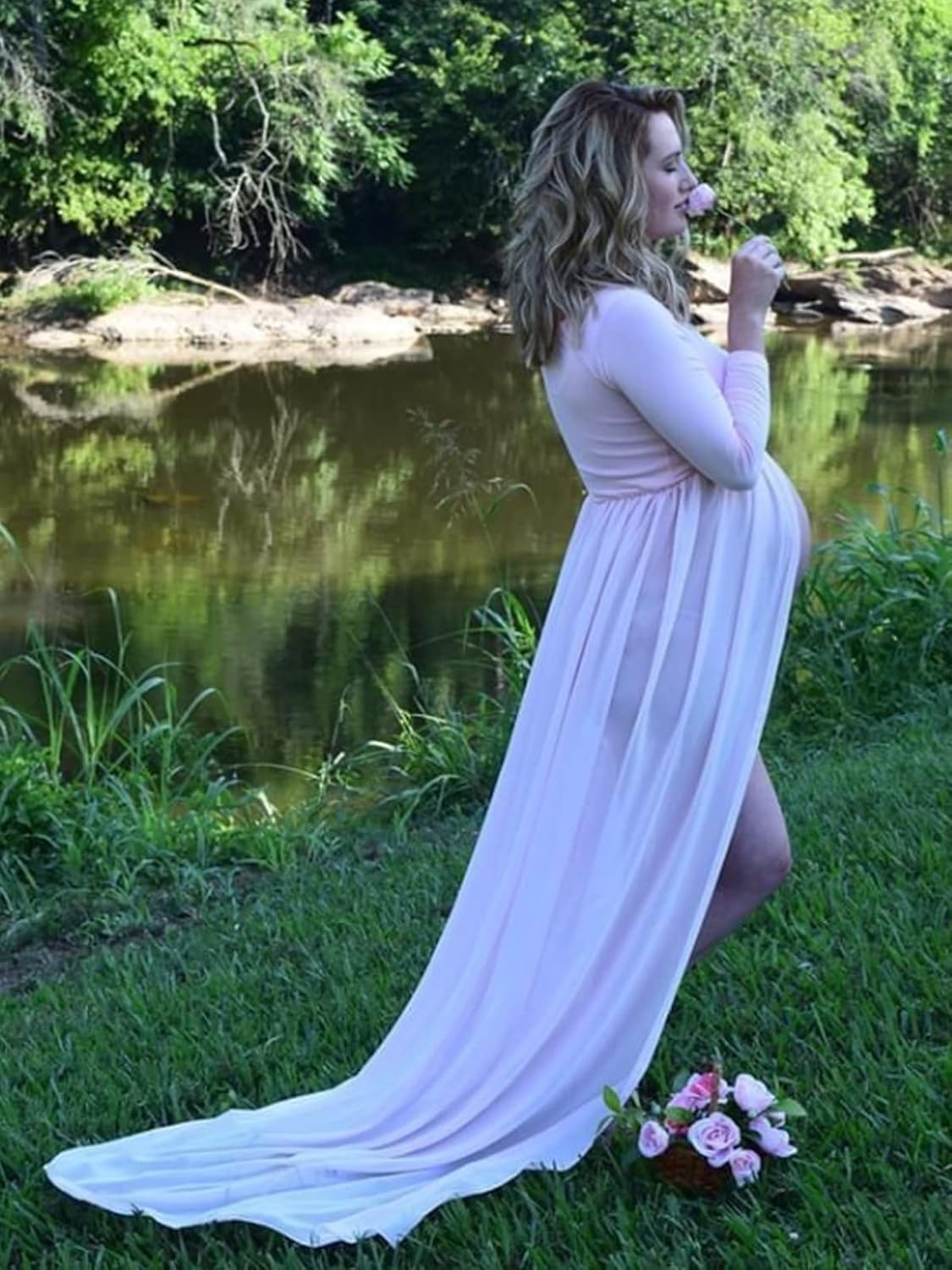 YnimioAOX Women's Off Shoulder Long Sleeve Maternity Dress for Photography Chiffon Maternity Gown for Photoshoot