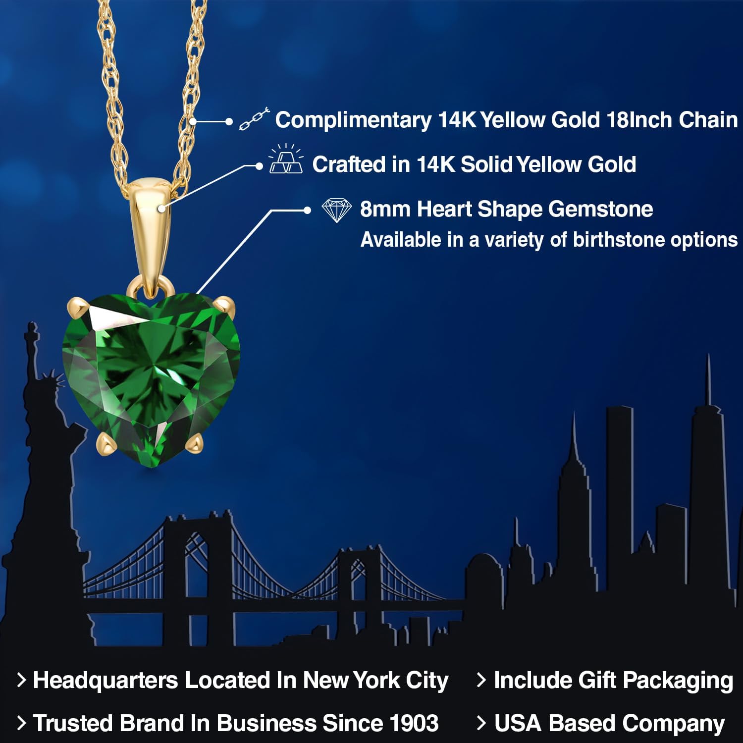 Gem Stone King 14K Yellow Gold 8MM Heart Shape Gemstone Birthstone Pendant Necklace for Women | Gold Necklace For Women | With 18 Inch Rope Gold Chain | Fine Jewelry Gifts for Her Mom Wife - Image 2