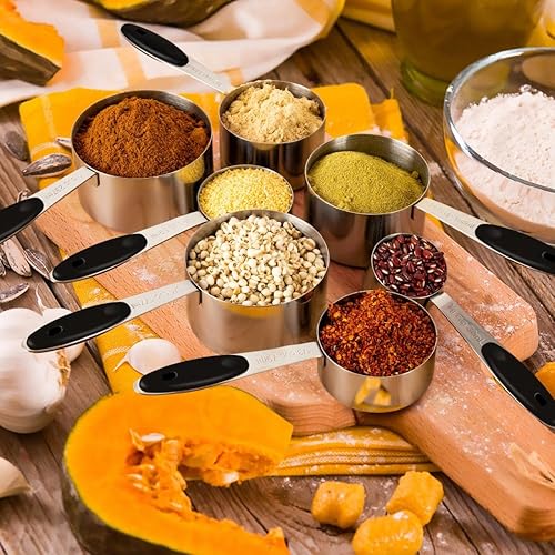 Miniatura 6 de Juego de 16 tazas medidoras y cucharas medidoras magnéticas de acero inoxidable, 8 tazas medidoras con mango de silicona y 7 cucharas magnéticas de