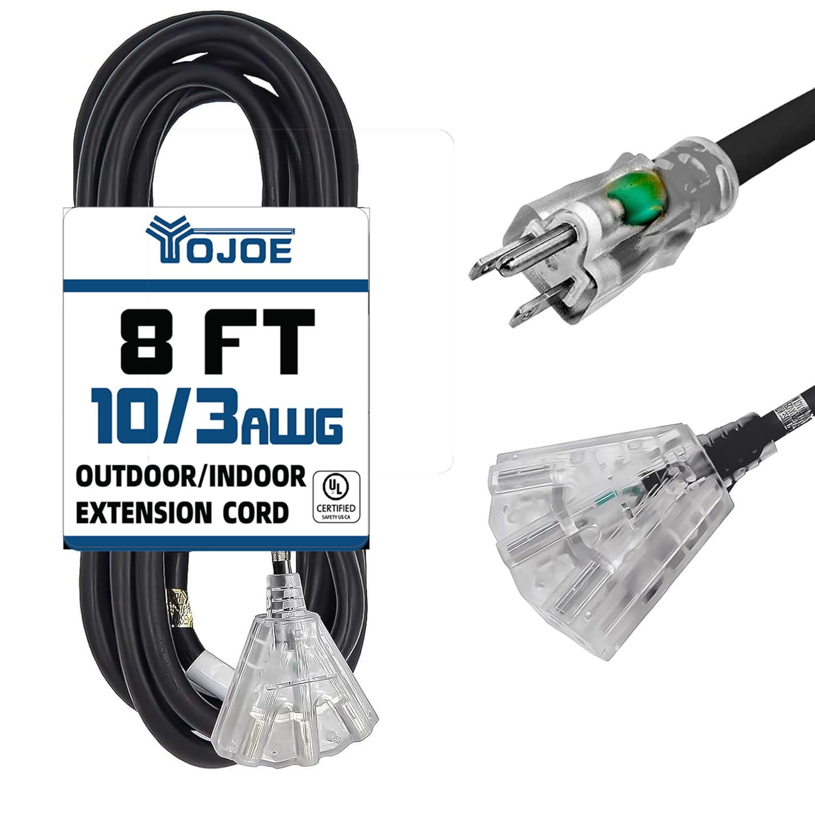 YOJOE - Cable de extensión para exteriores de calibre 10 de 8 pies con múltiples tomas, extremo iluminado, cable de extensión negro de 10/3 SJTW resistente con enchufe de tierra de 3 puntas para mayor