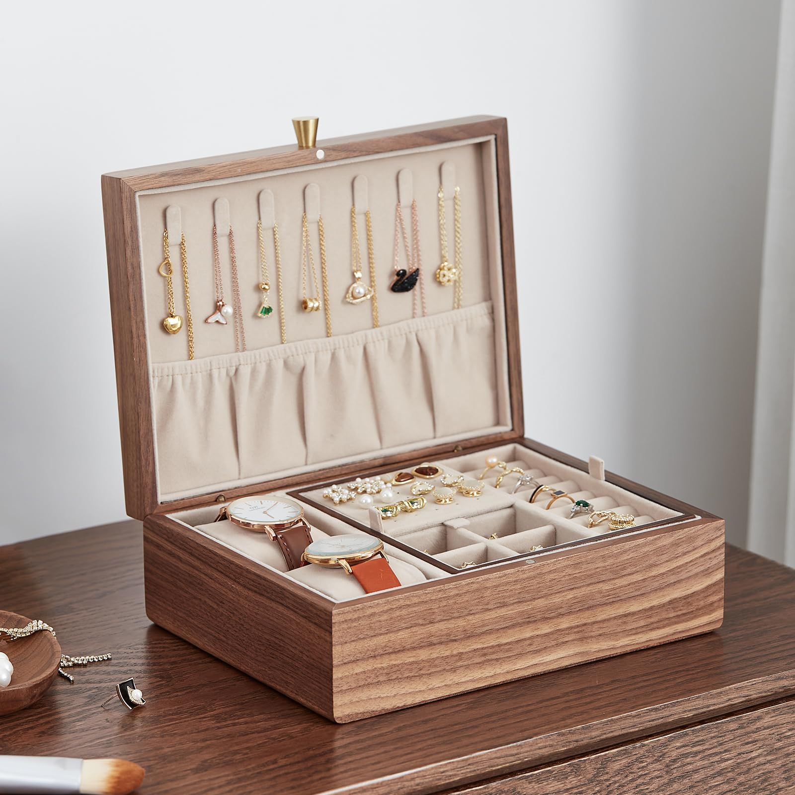 Homruilink Portagioie in legno di noce nero per donne, organizer per gioielli a 2 strati con vassoio rimovibile per orologi, anelli, orecchini, collane, bracciali, regali di compleanno e Natale