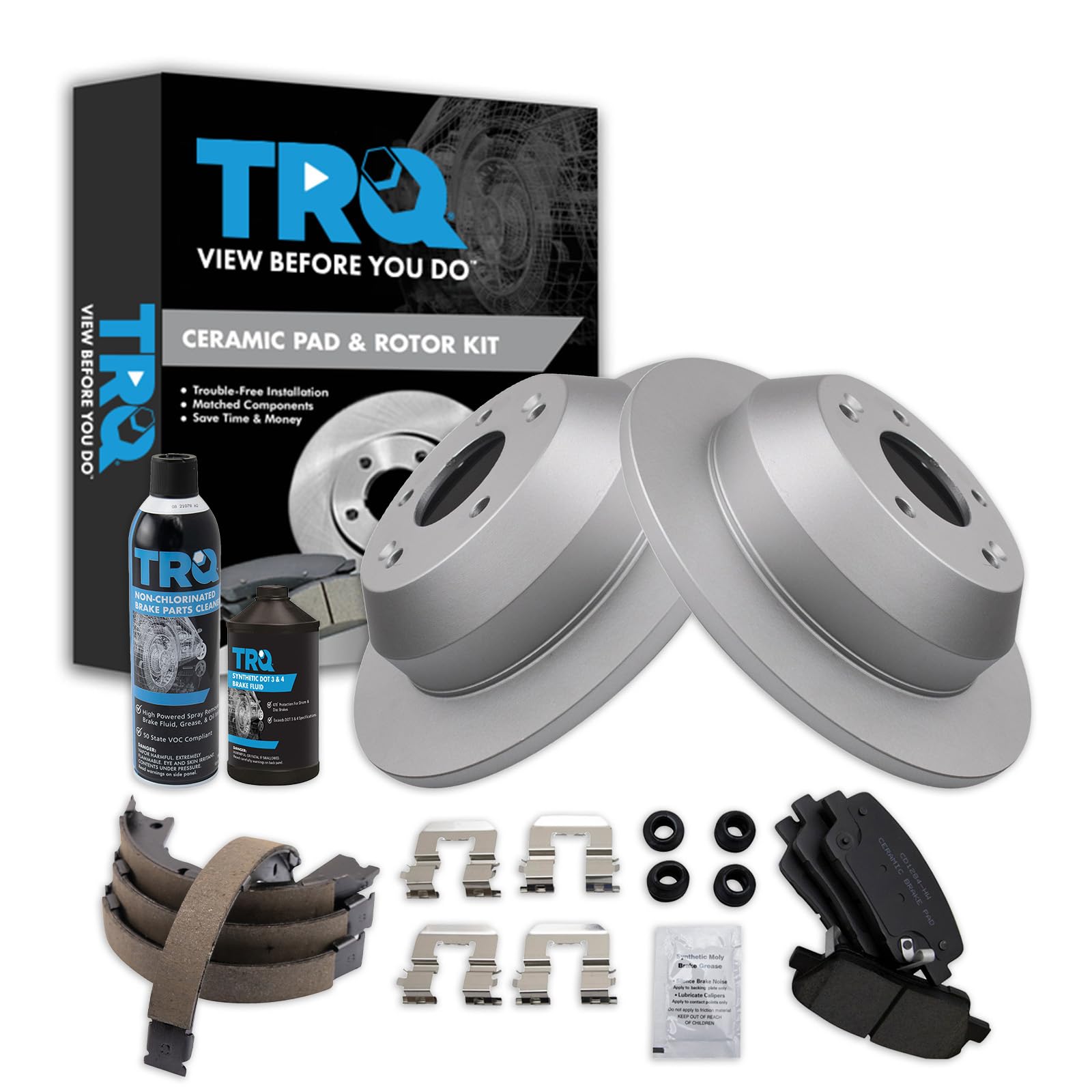 TRQ Rear Brake Pad &amp; Rotor Kit, with Chemical Kit Parking Brake Shoe Set Ceramic Premium G-Coated Compatible with 2010-2012 Hyundai Santa Fe 2011-2013 Kia Sorento