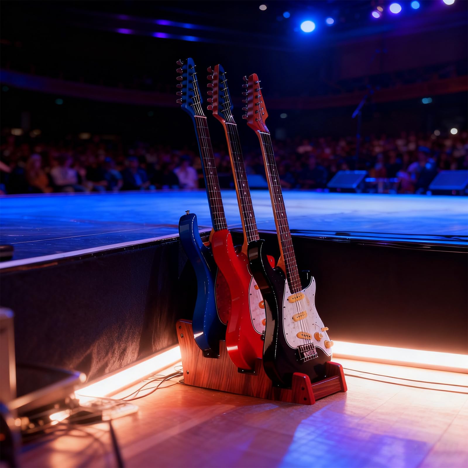 DIDA Soporte de suelo de madera para múltiples guitarras eléctricas, 3 soportes, ahorro de espacio, soporte para guitarra de suelo para casa, estudio, escenario, varias guitarras eléctricas, bajo