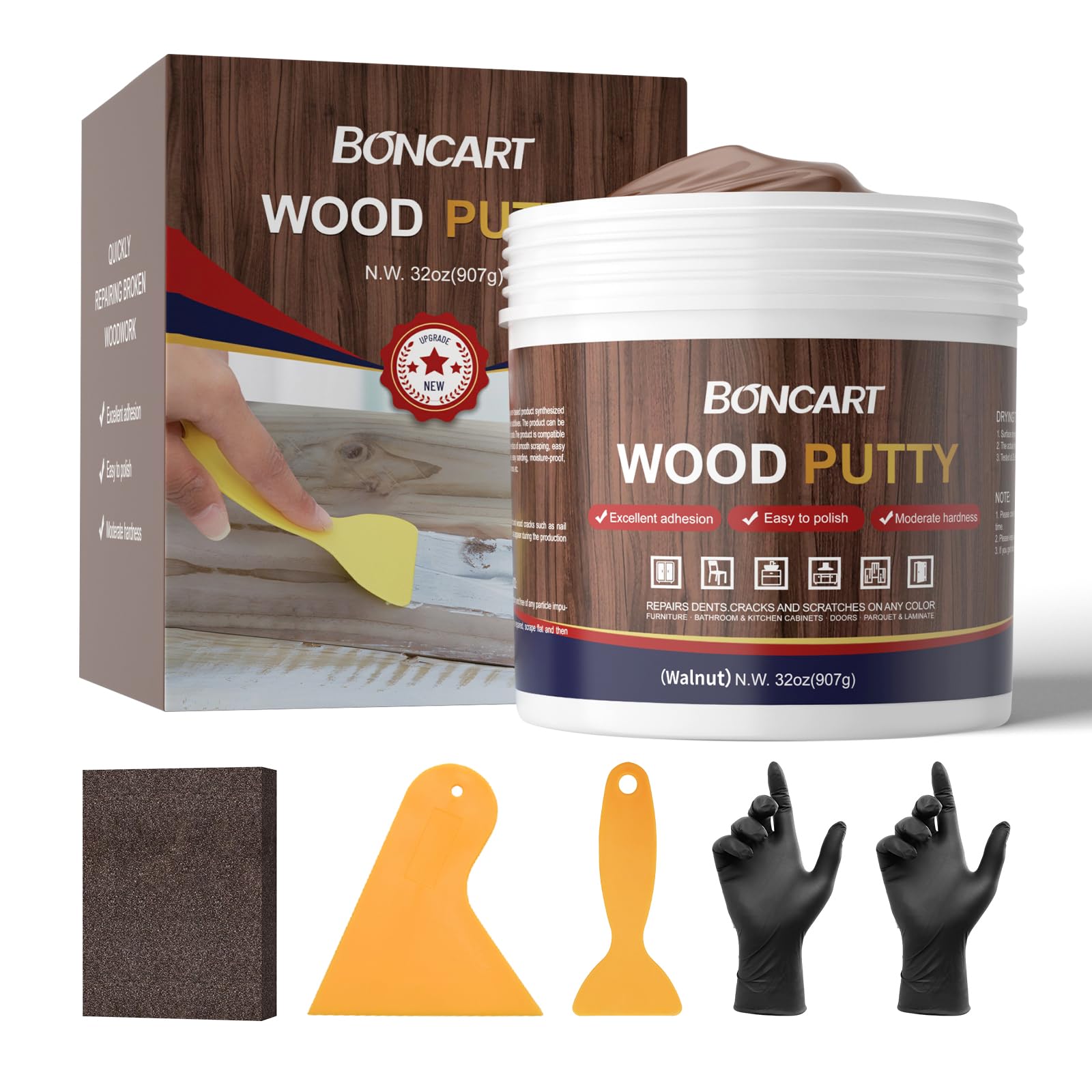 32oz Wood Filler Putty - Walnut Paintable Furniture Repair Kit for Quickly Fixing Broken and Defective Wooden Items, MQNZ-09