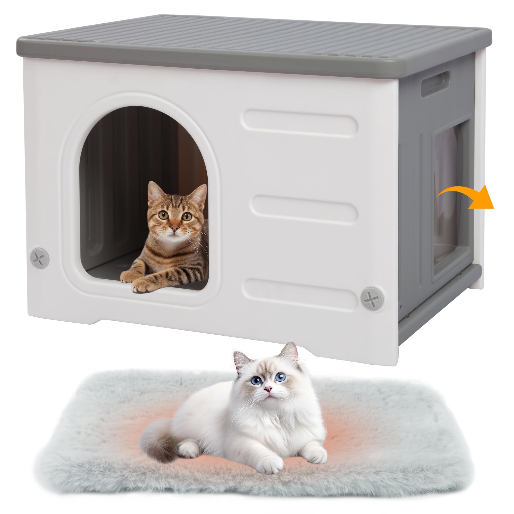 Rockever Plastic Cat House Outdoor with Escape Door, Waterproof Feral Cat House Outdoor Indoor, Sturdy Cat House for Outdoor Cats with Cat Bed Mat,